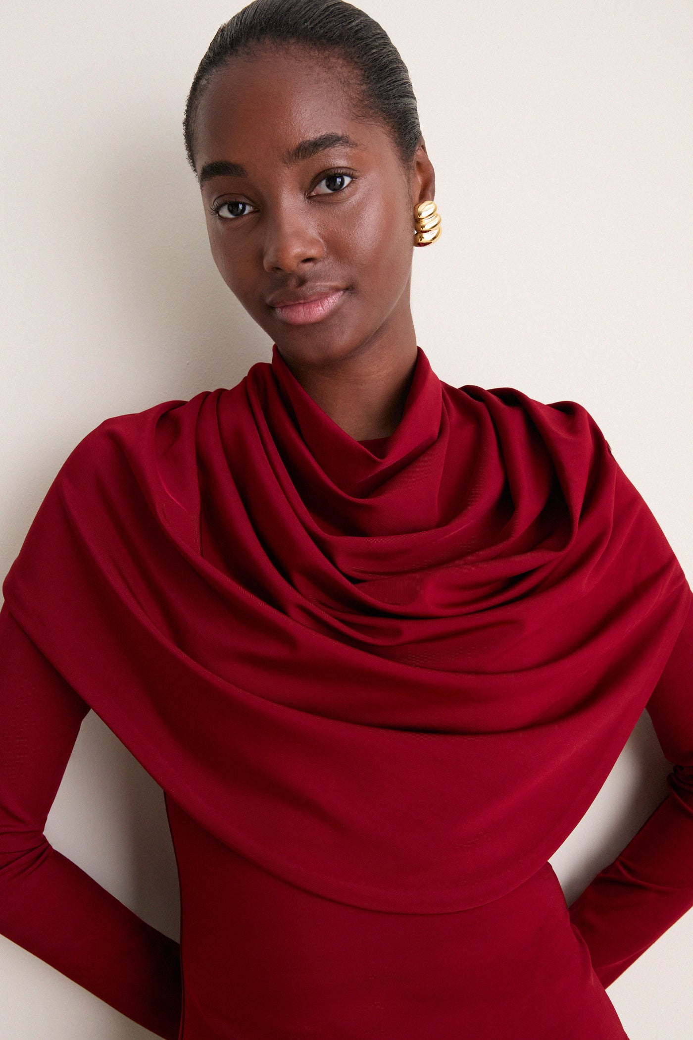 Oxblood Satin Jersey Draped Top