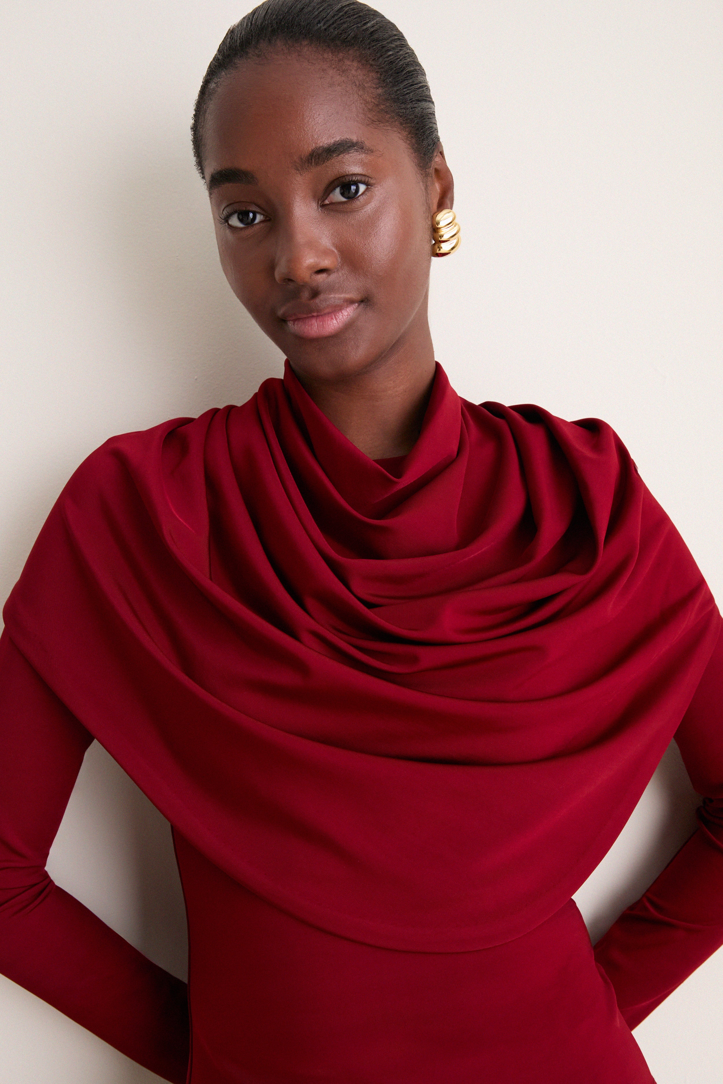 Oxblood Satin Jersey Draped Top
