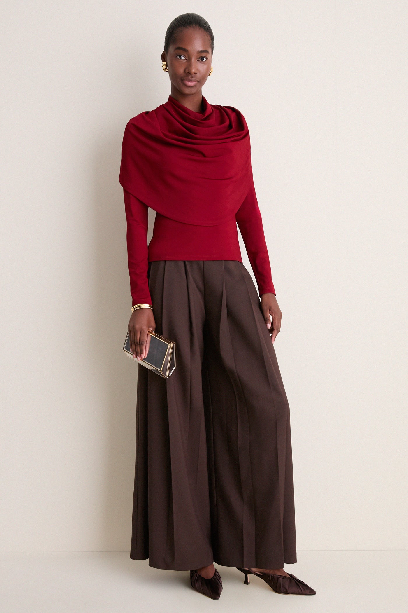 Oxblood Satin Jersey Draped Top