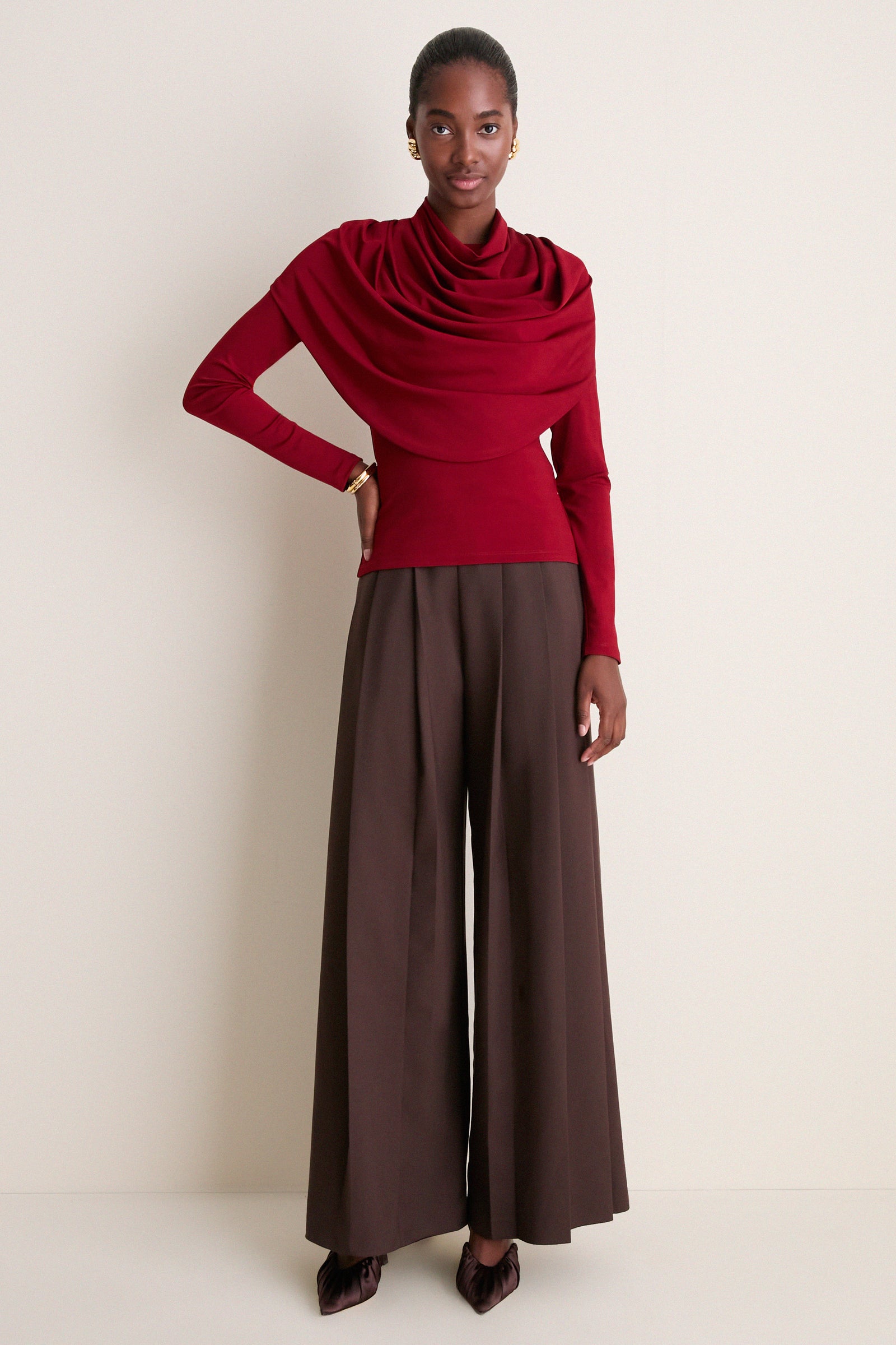 Oxblood Satin Jersey Draped Top