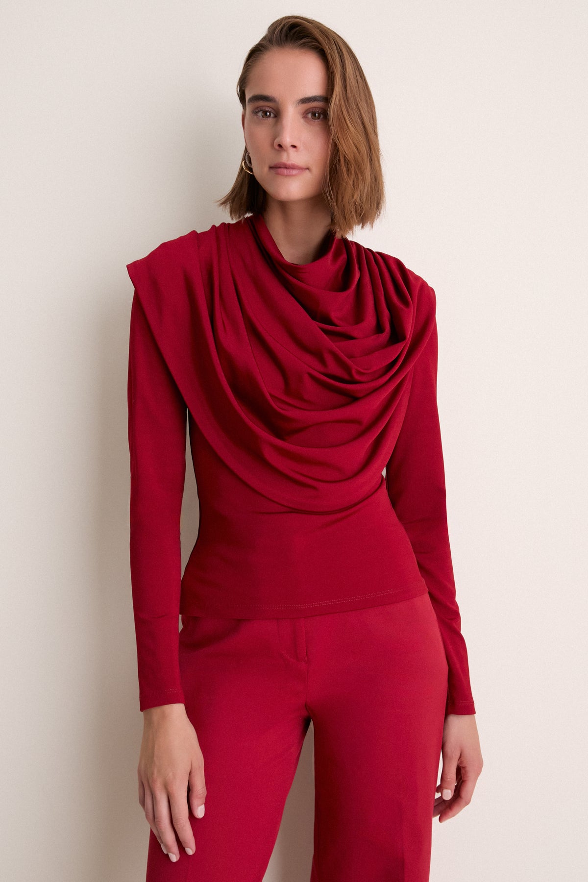 Oxblood Satin Jersey Draped Top
