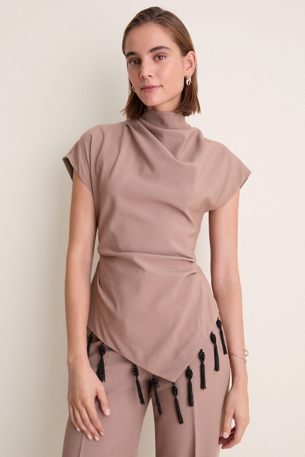 Clay Melange Crepe Tassel Embroidered Drape Top