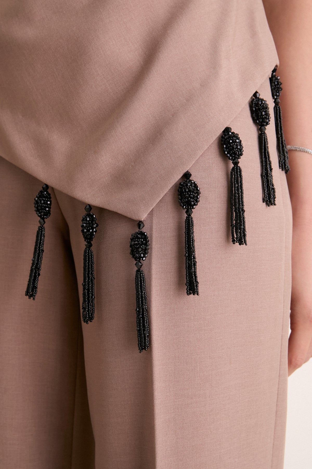 Clay Melange Crepe Tassel Embroidered Drape Top
