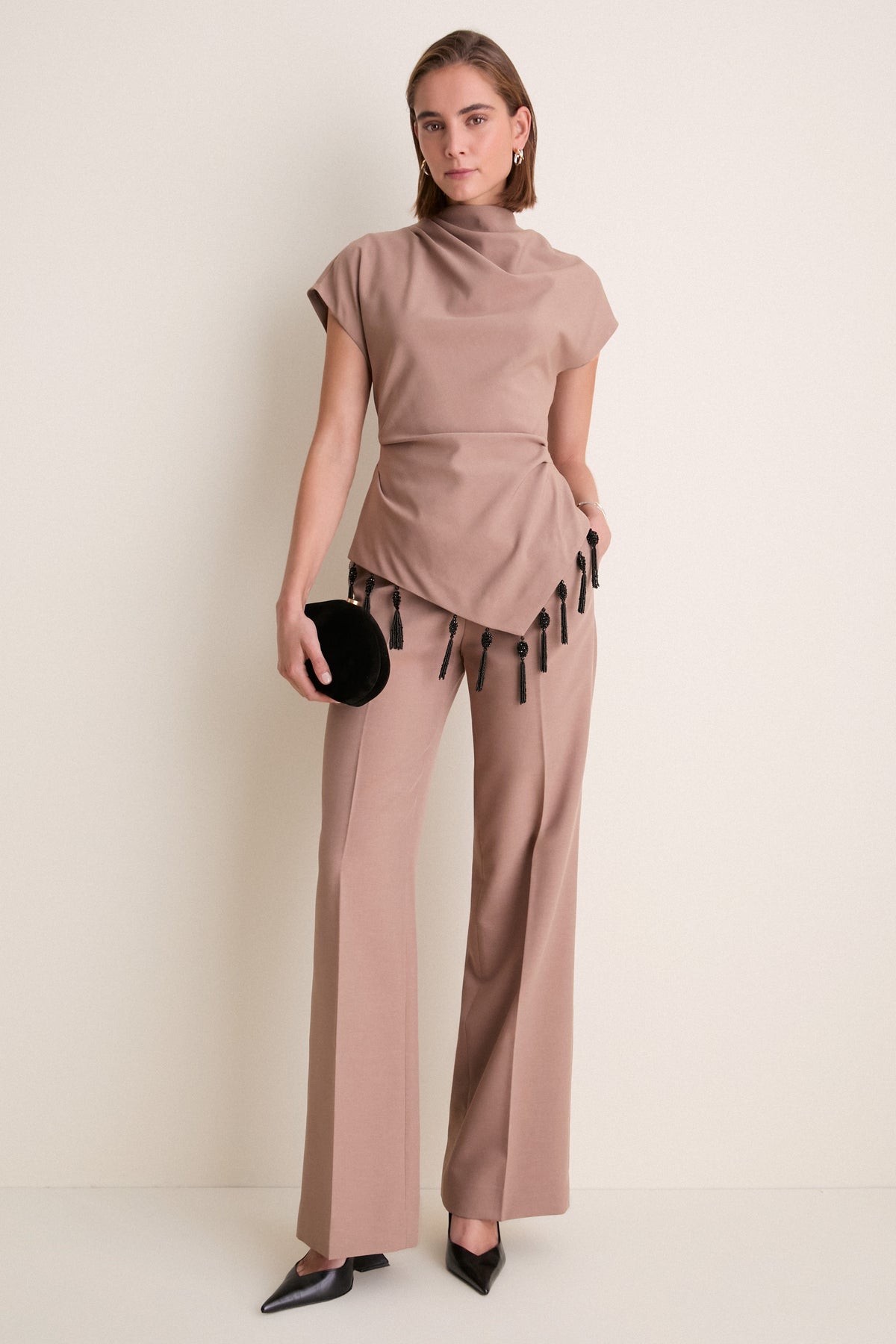 Clay Melange Crepe Tassel Embroidered Drape Top