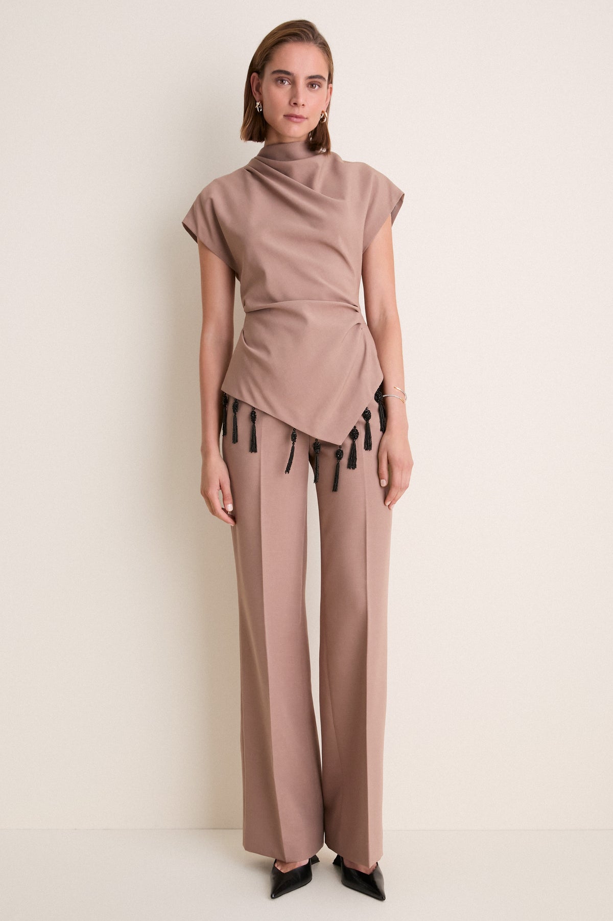 Clay Melange Crepe Tassel Embroidered Drape Top