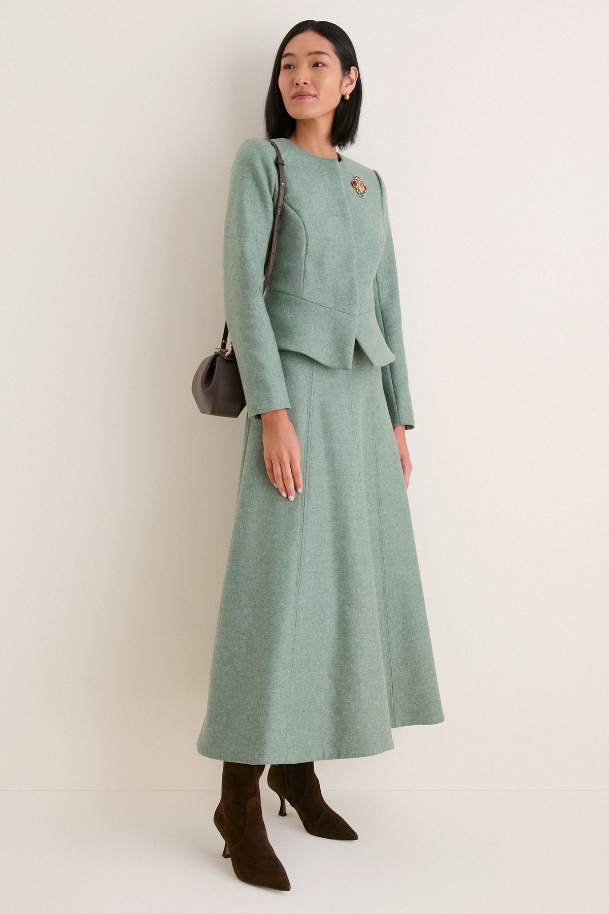 Sage Boiled Wool Midi Skirt