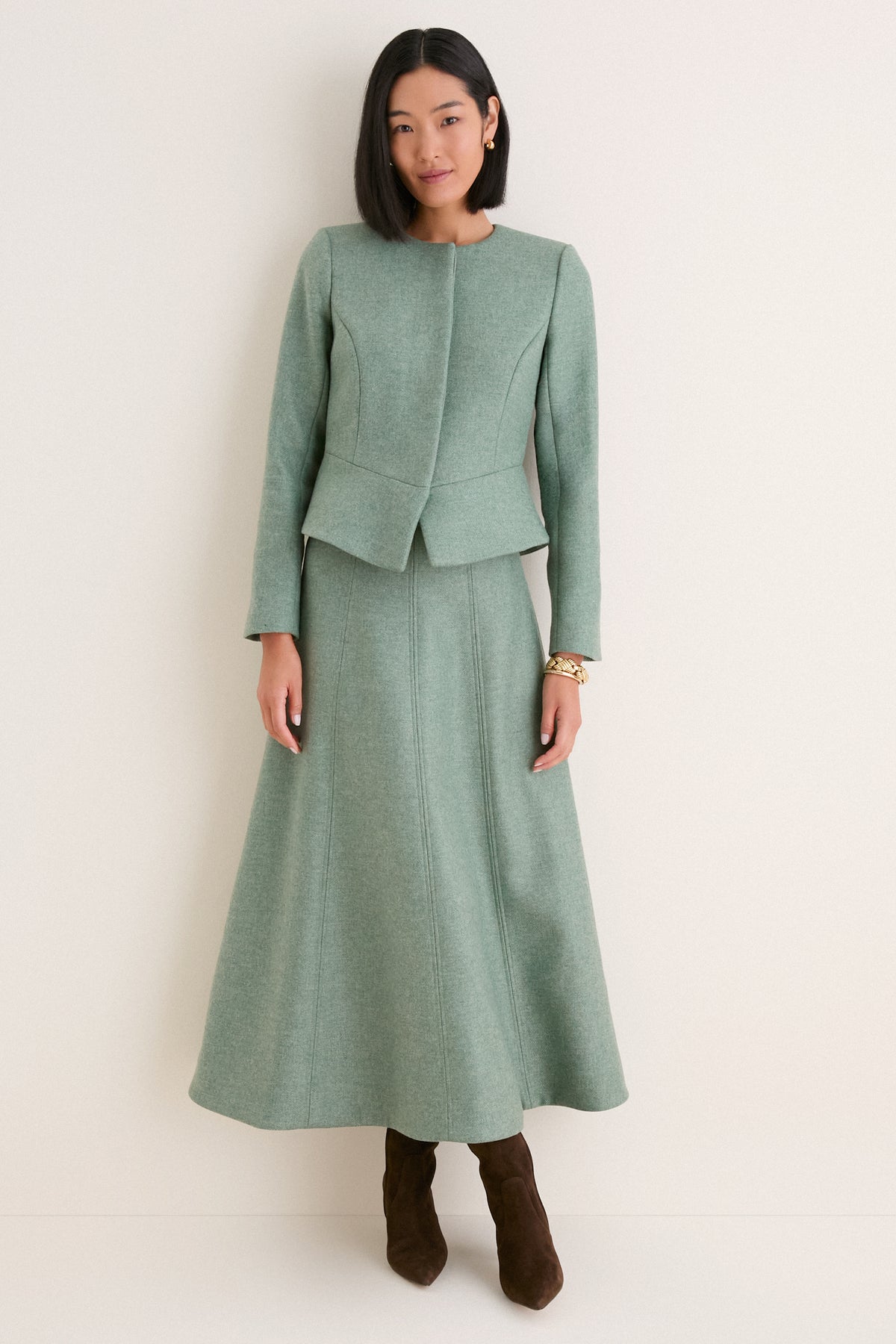 Sage Boiled Wool Midi Skirt