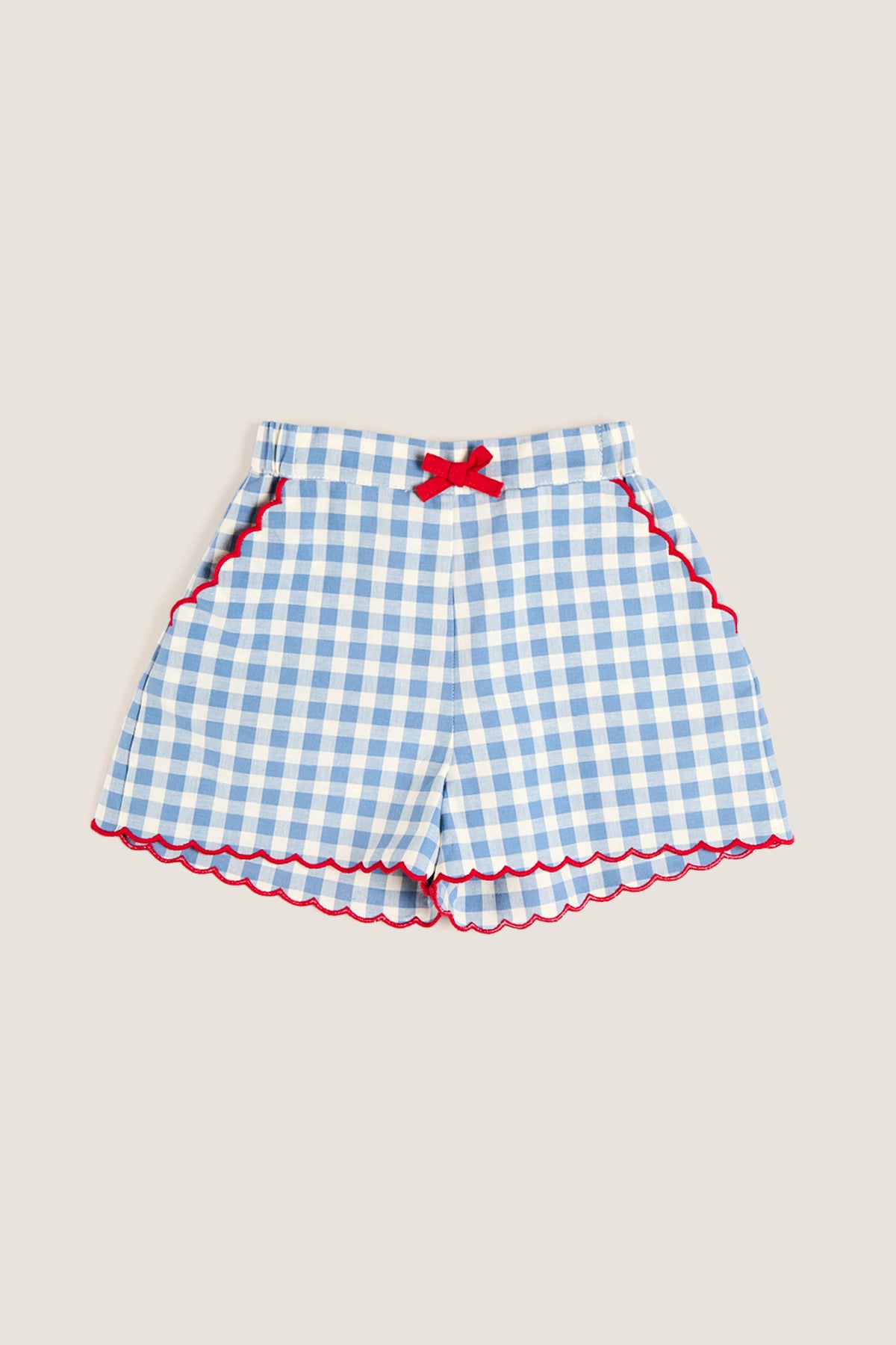 Blue Gingham Shorts with Red Trim
