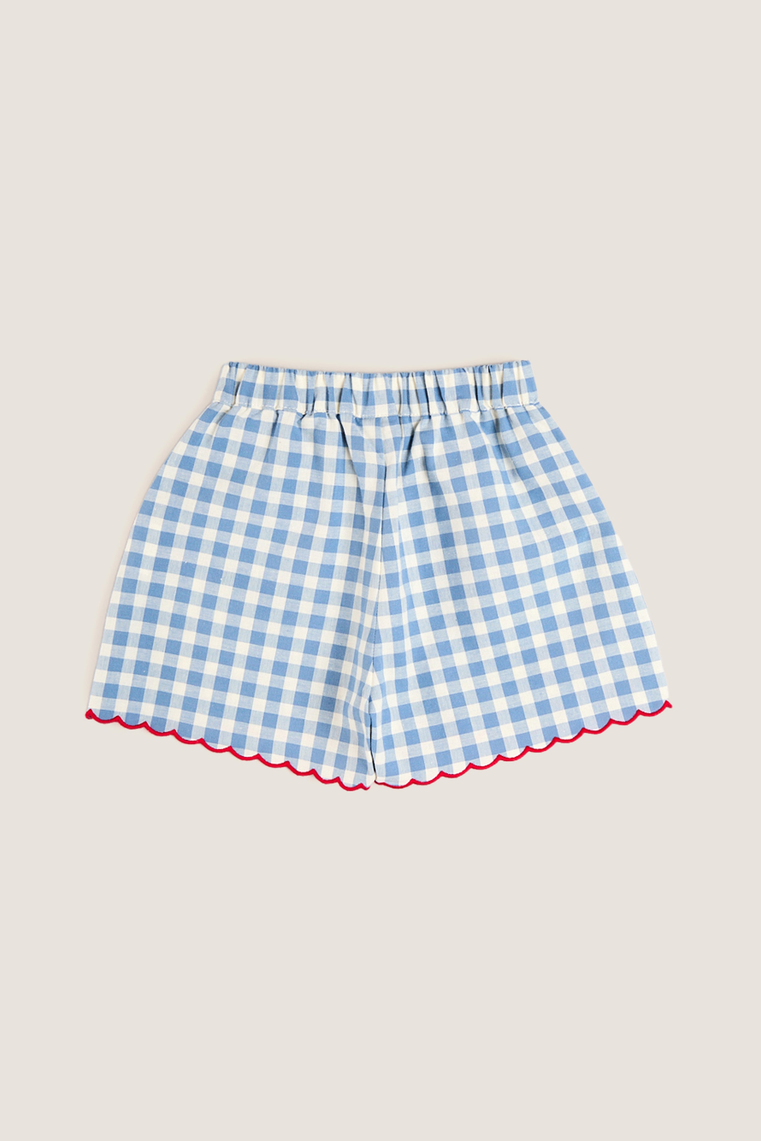 Blue Gingham Shorts with Red Trim