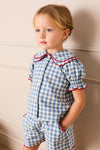 Blue Gingham Shorts with Red Trim