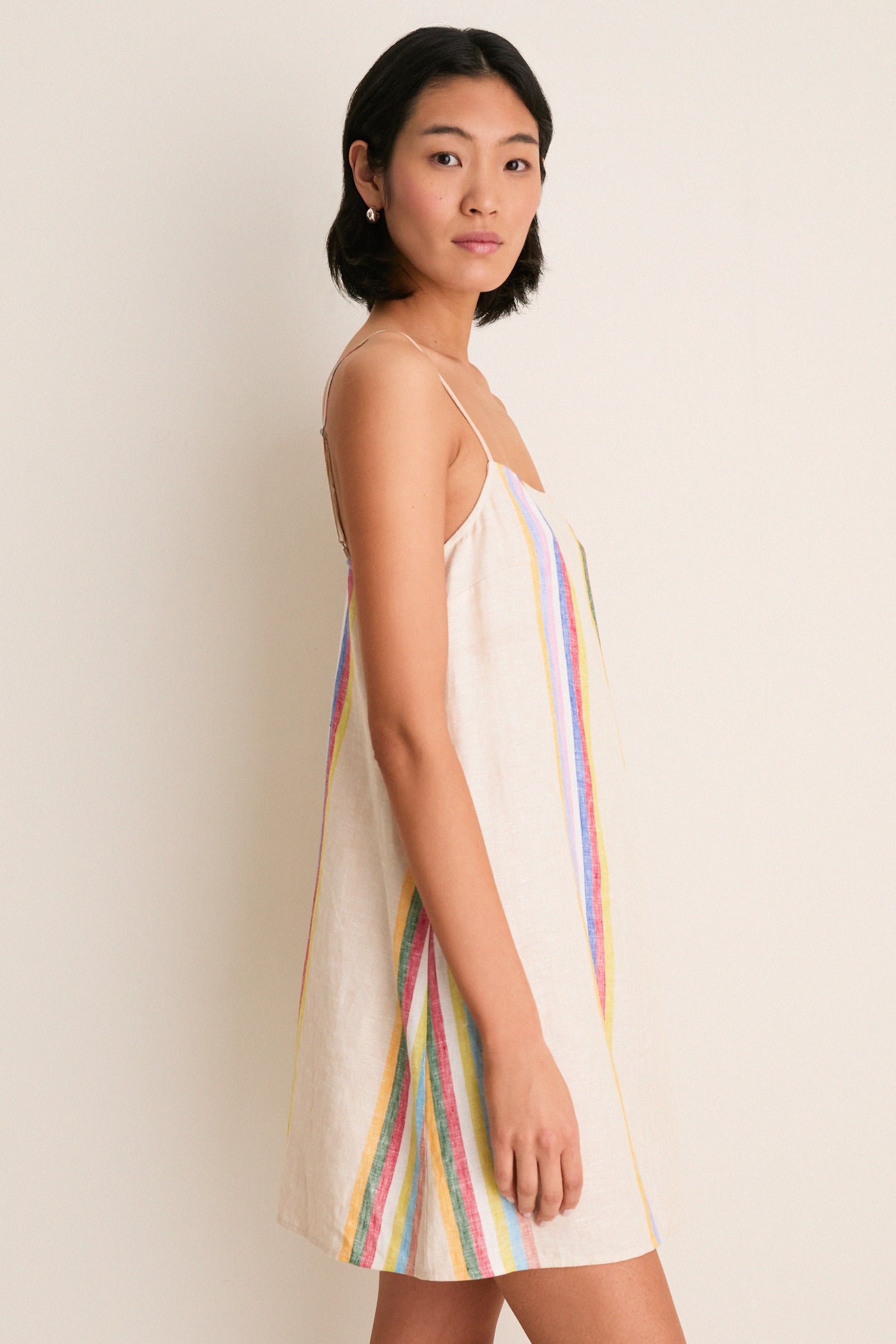 linen spaghetti strap mini dress Day Trip Stripe Laura Linen Mini Dress