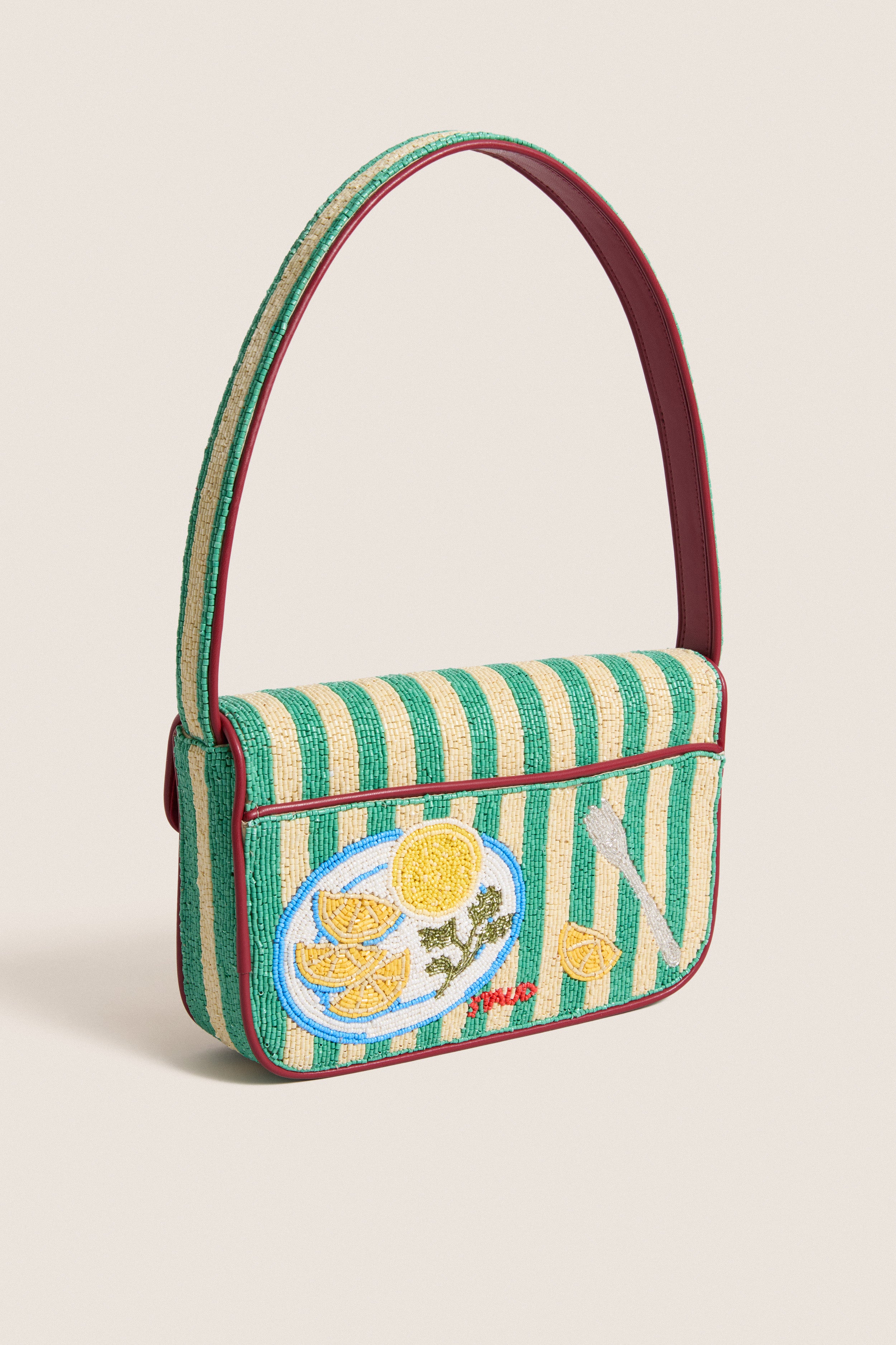 Summer Lobster Tommy Bag: A classic, effortless cross-body purse with fun striped beading, lemon slice design, red piping, and matching strap, perfect for high-end style.