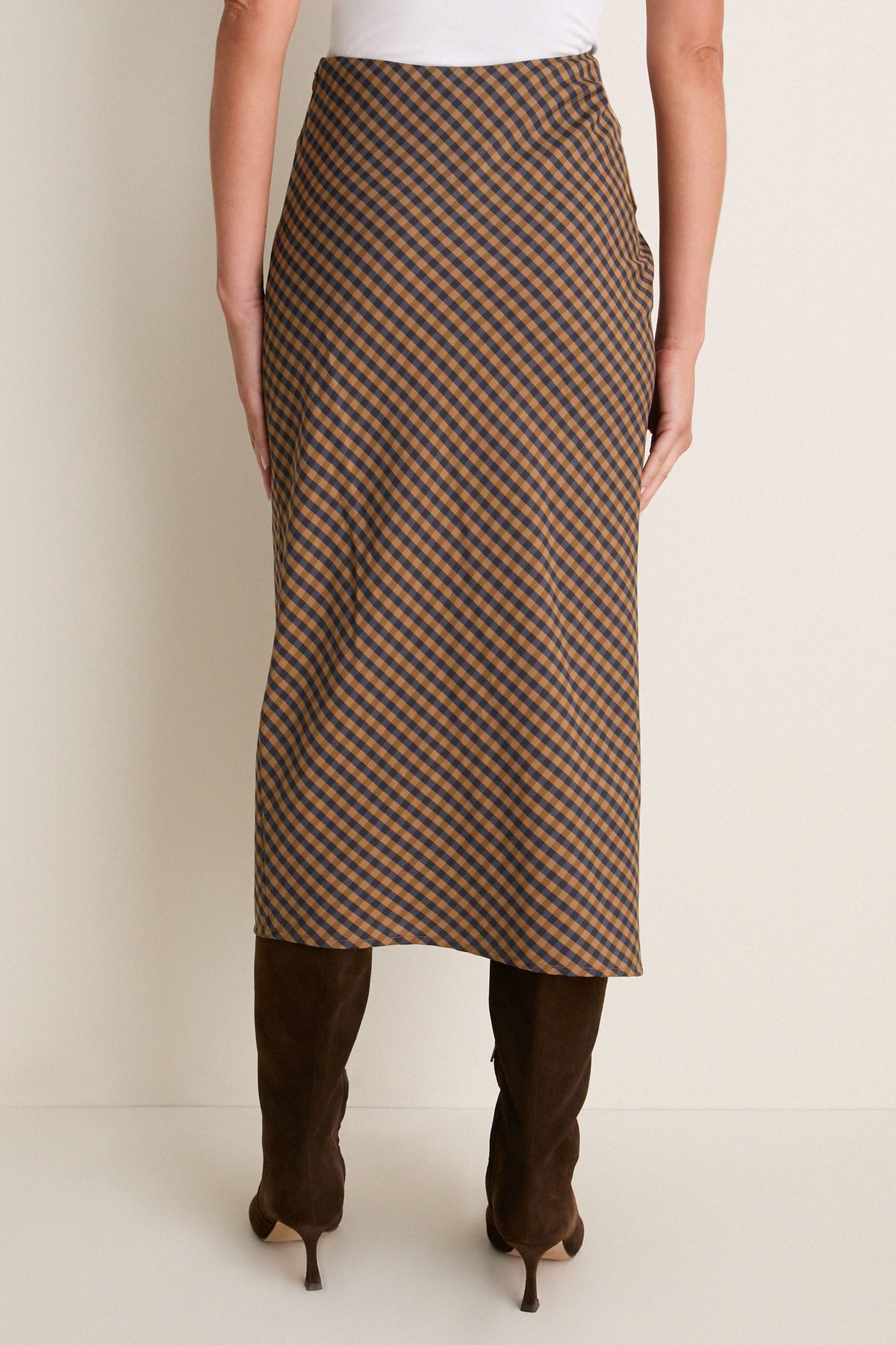 Pecan and Navy Jean Midi Skirt