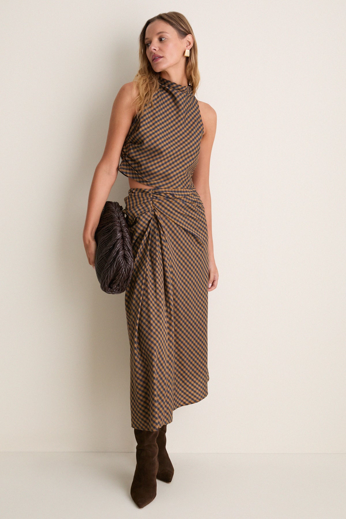 Pecan and Navy Jean Midi Skirt