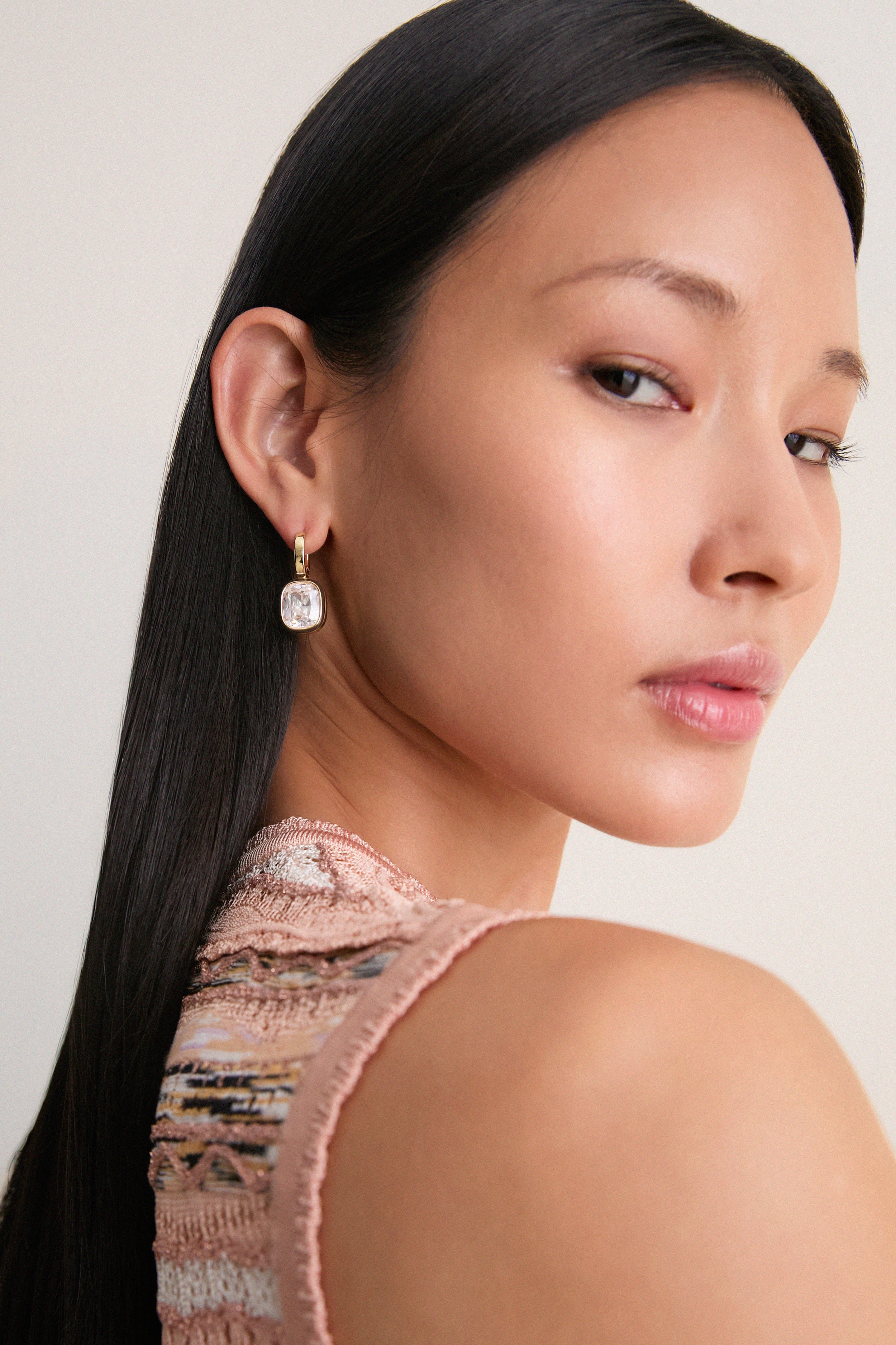 Dark Chocolate and White Cubic Cushion Drop Earrings