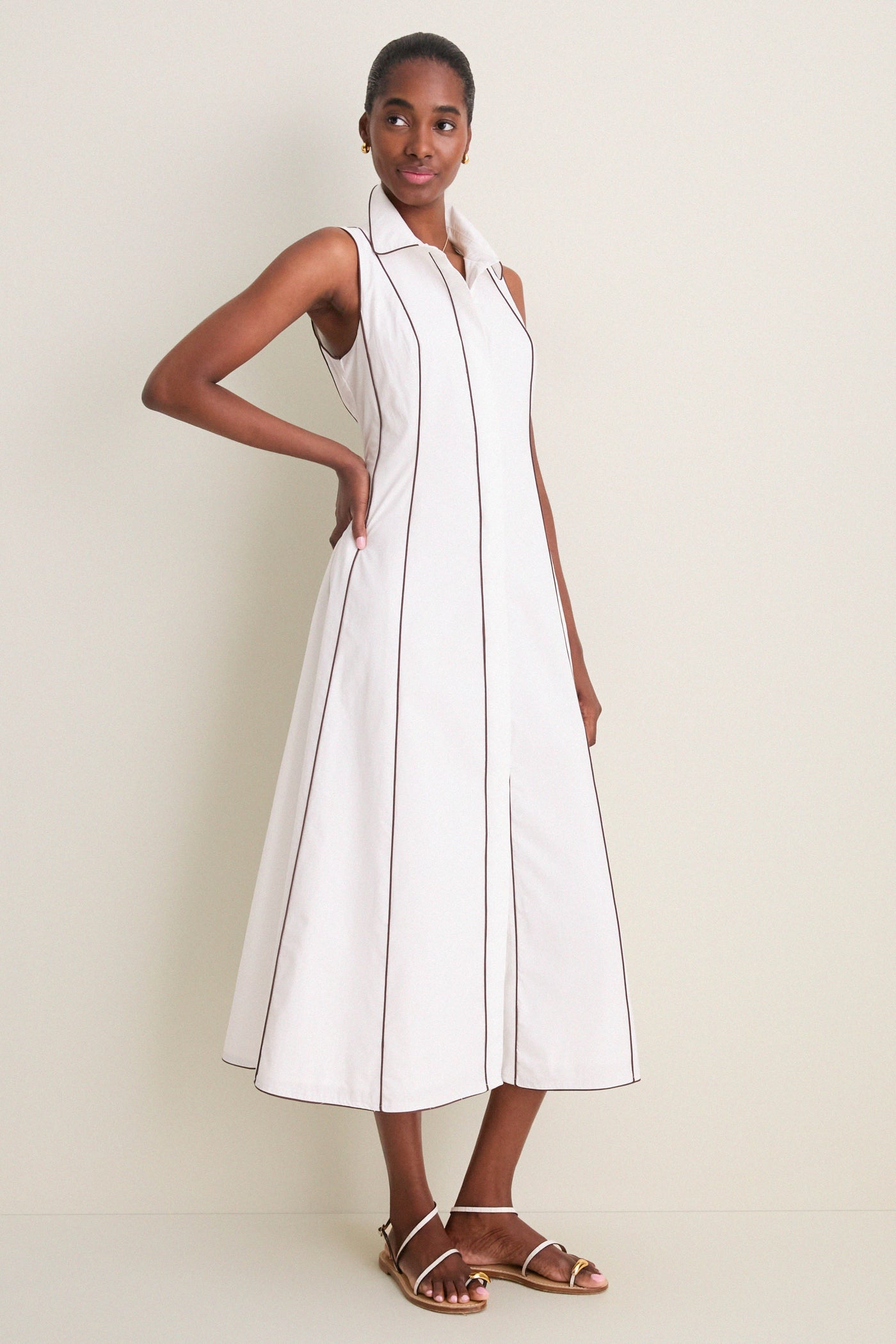White With Chestnut Piping Fontaine Dress