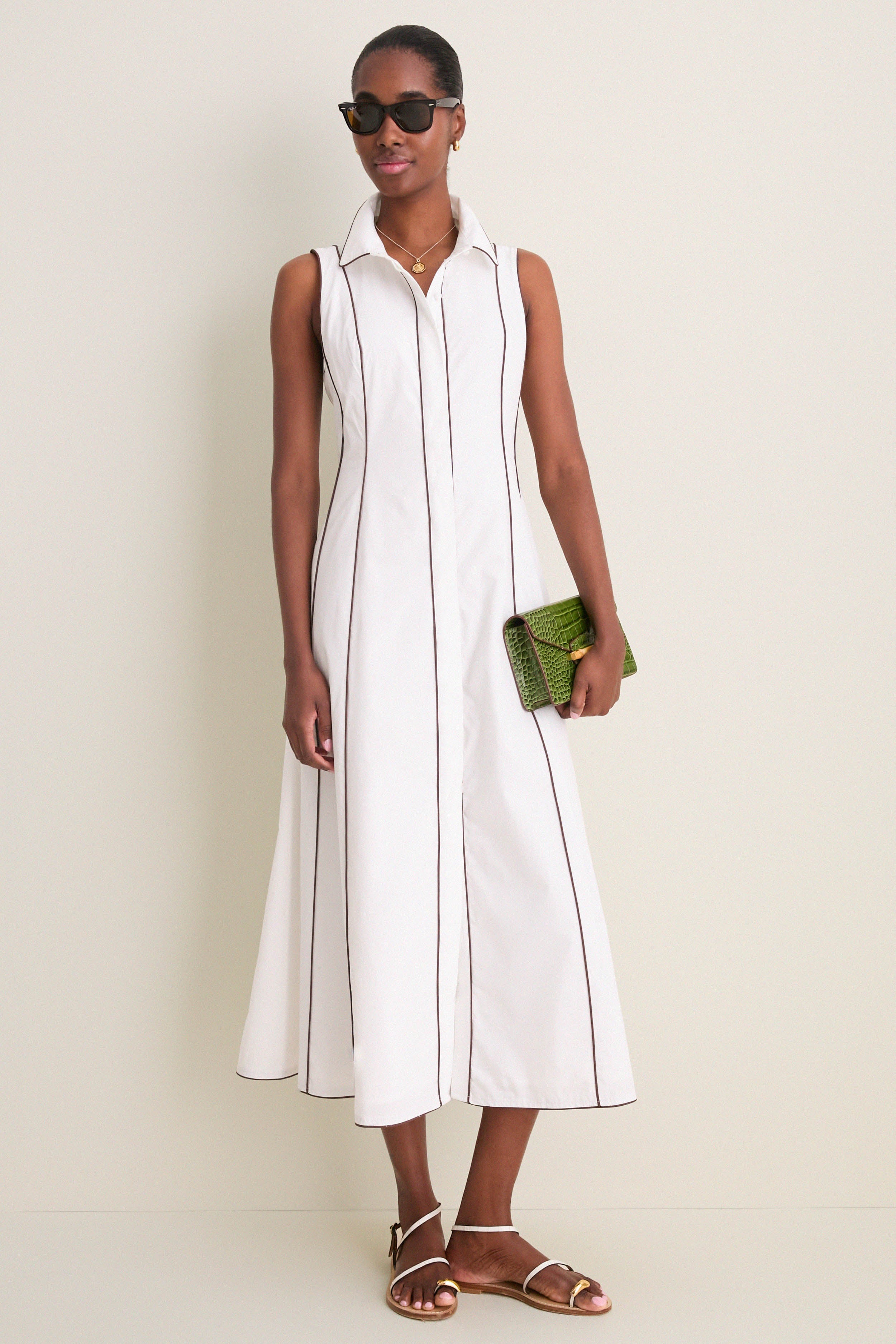 White With Chestnut Piping Fontaine Dress