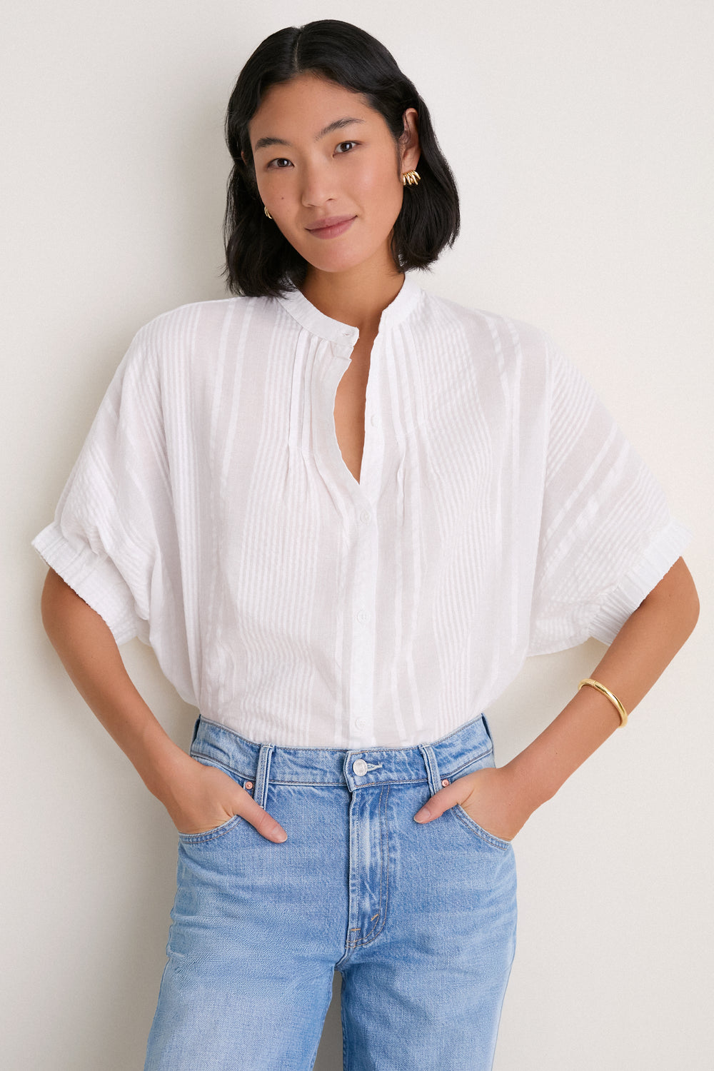 Cloud Seersucker Organic Mandarin Collar Top