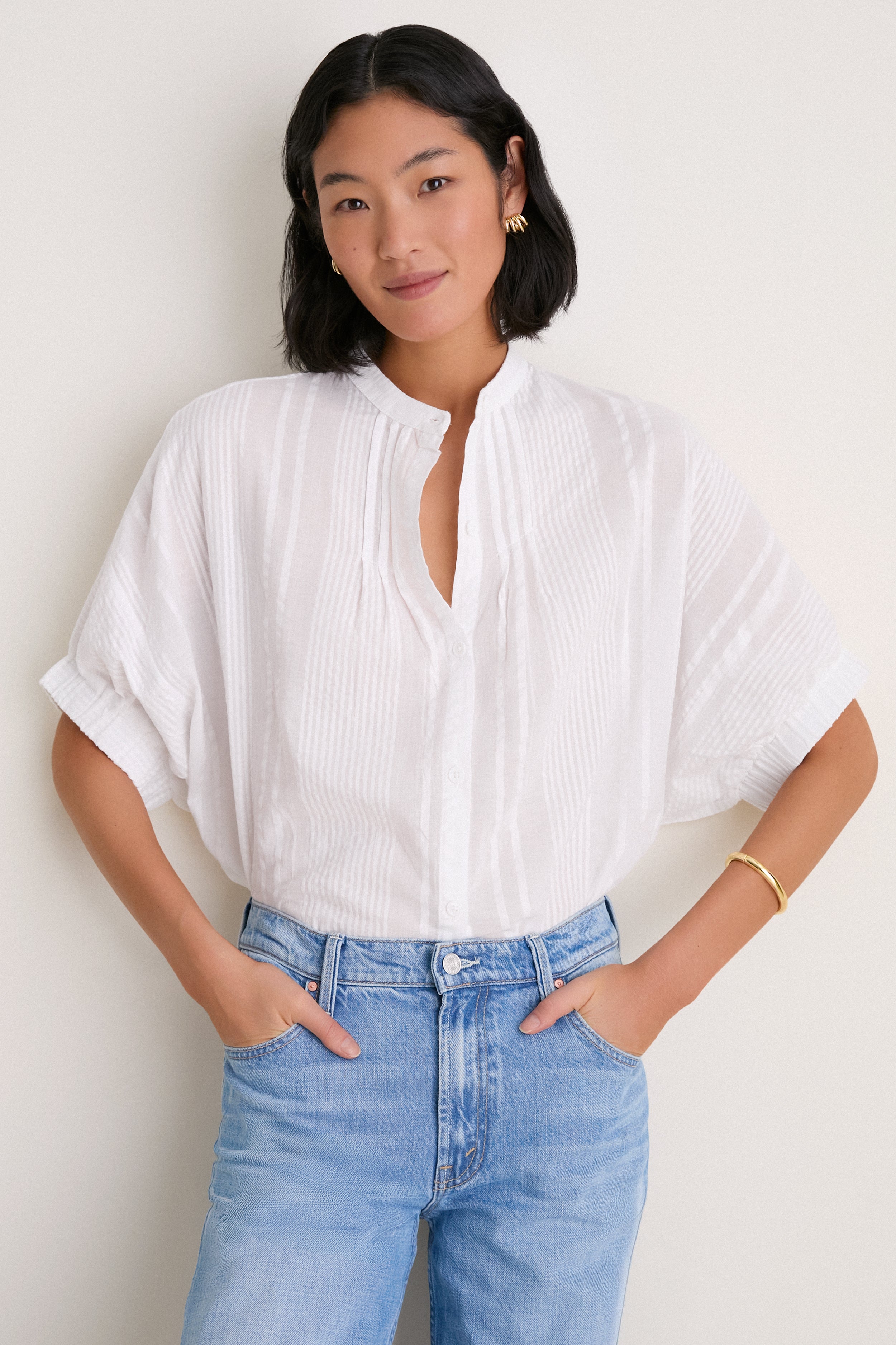 Cloud Seersucker Organic Mandarin Collar Top