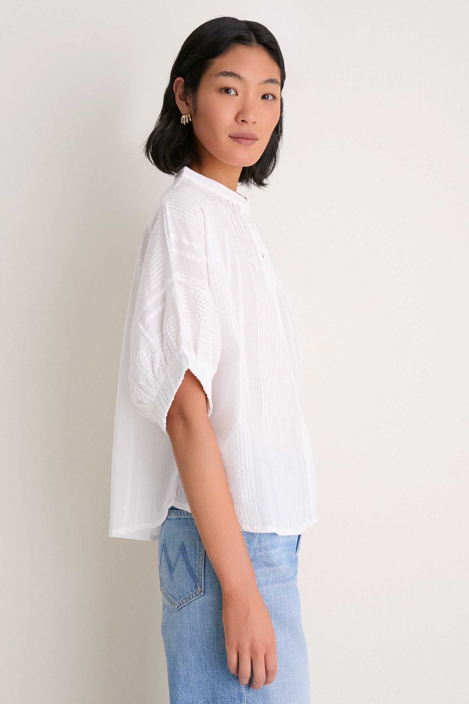 Cloud Seersucker Organic Mandarin Collar Top