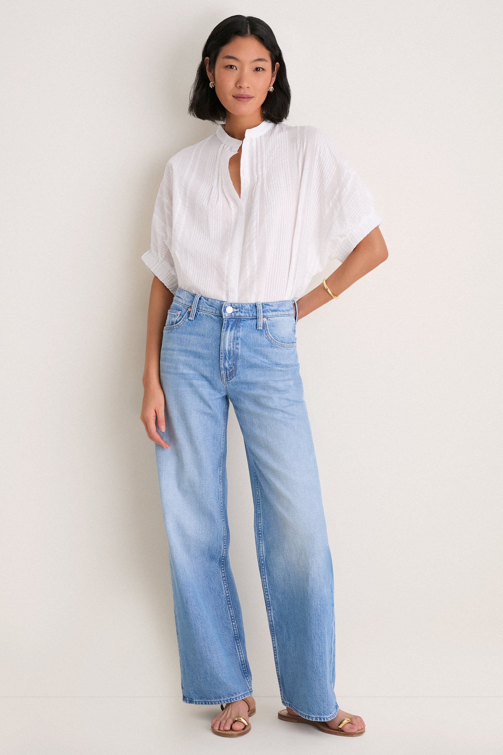 Cloud Seersucker Organic Mandarin Collar Top