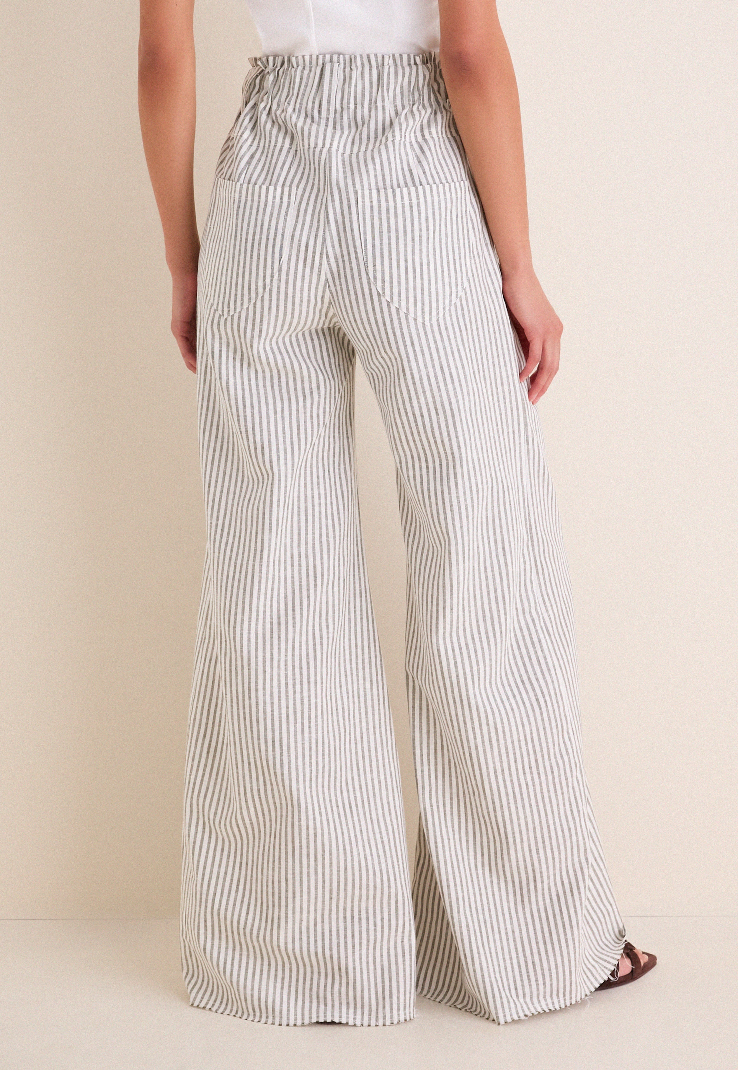 Juniper Stripe Linen Tulip Wide Leg Pant showcasing classic, effortless style with a relaxed, high-end silhouette; features a cinched waist and flared legs for fun, warm-weather wear.