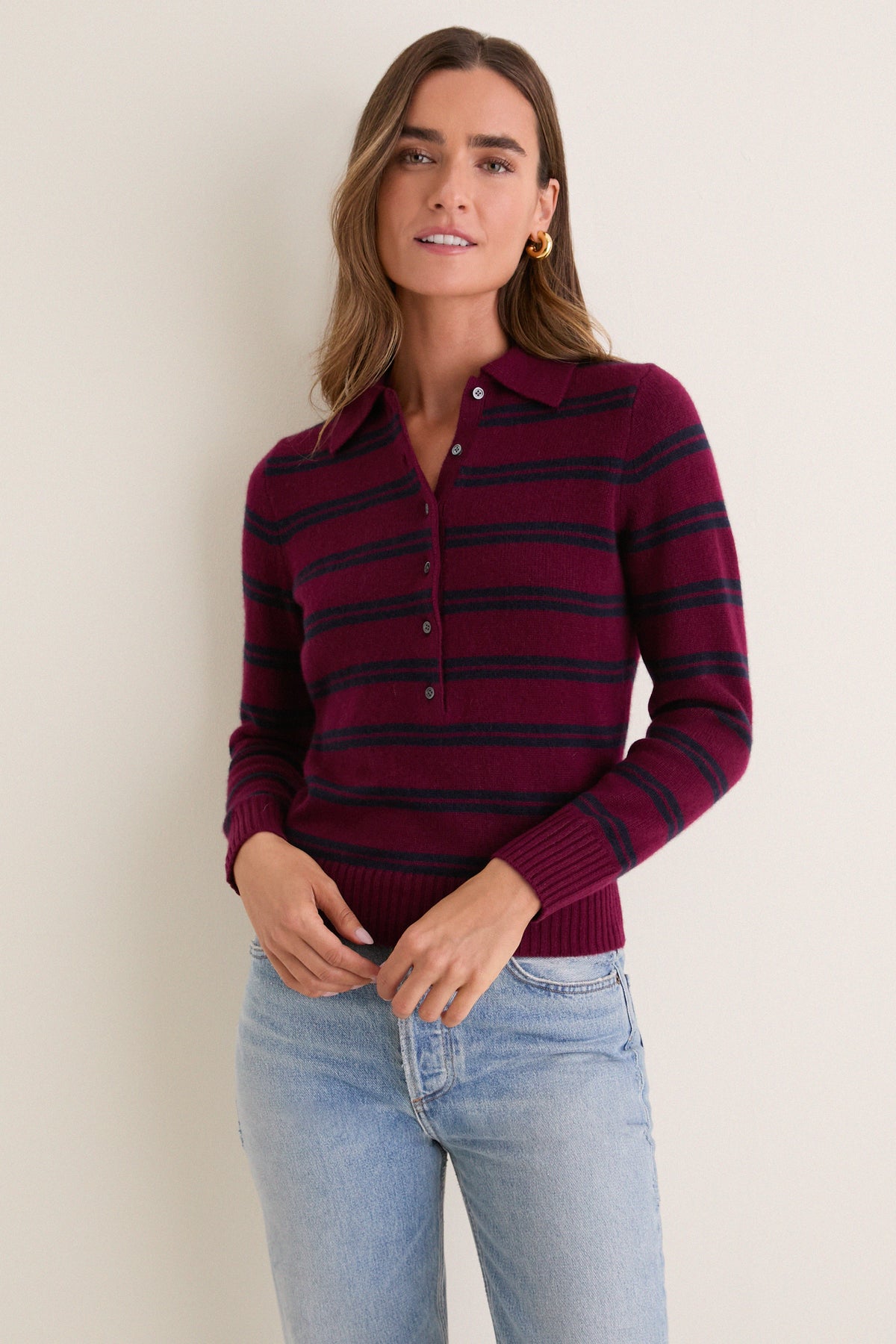 Deep Navy and Barolo Stripe Alice Cashmere Polo