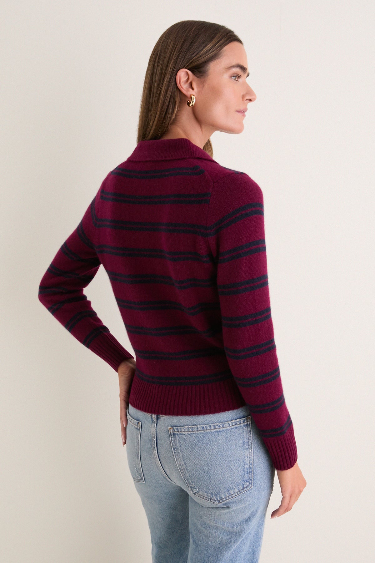 Deep Navy and Barolo Stripe Alice Cashmere Polo