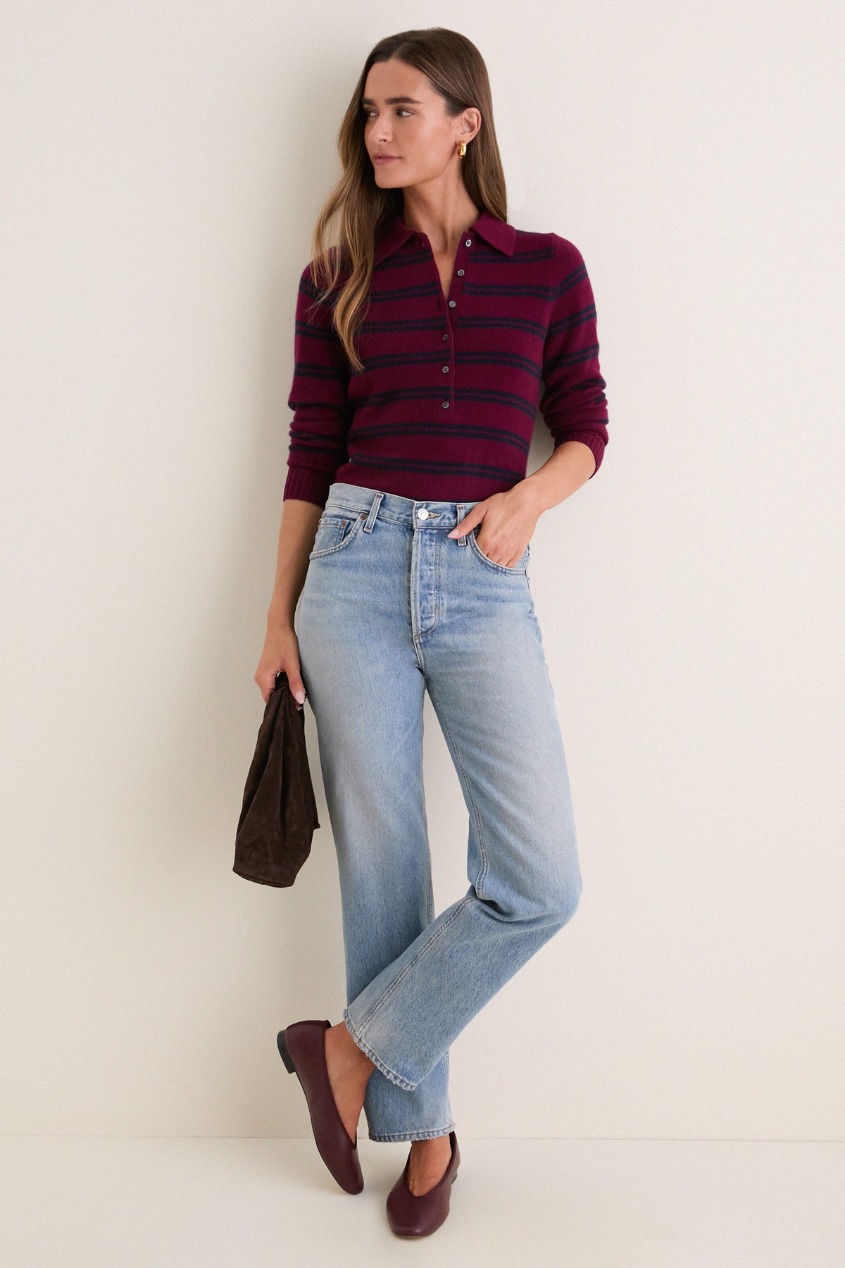 Deep Navy and Barolo Stripe Alice Cashmere Polo