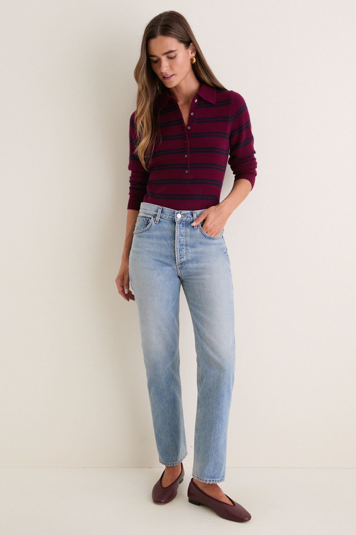Deep Navy and Barolo Stripe Alice Cashmere Polo