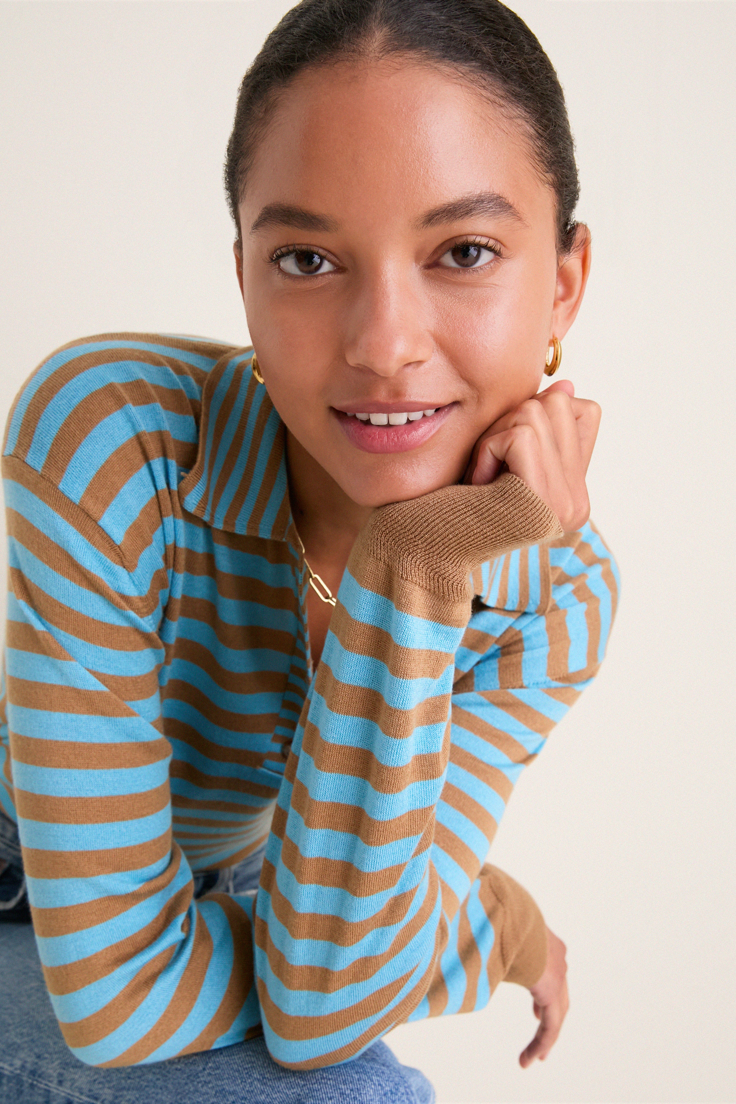 Camel and Cerulean Striped Ben Polo Sweater