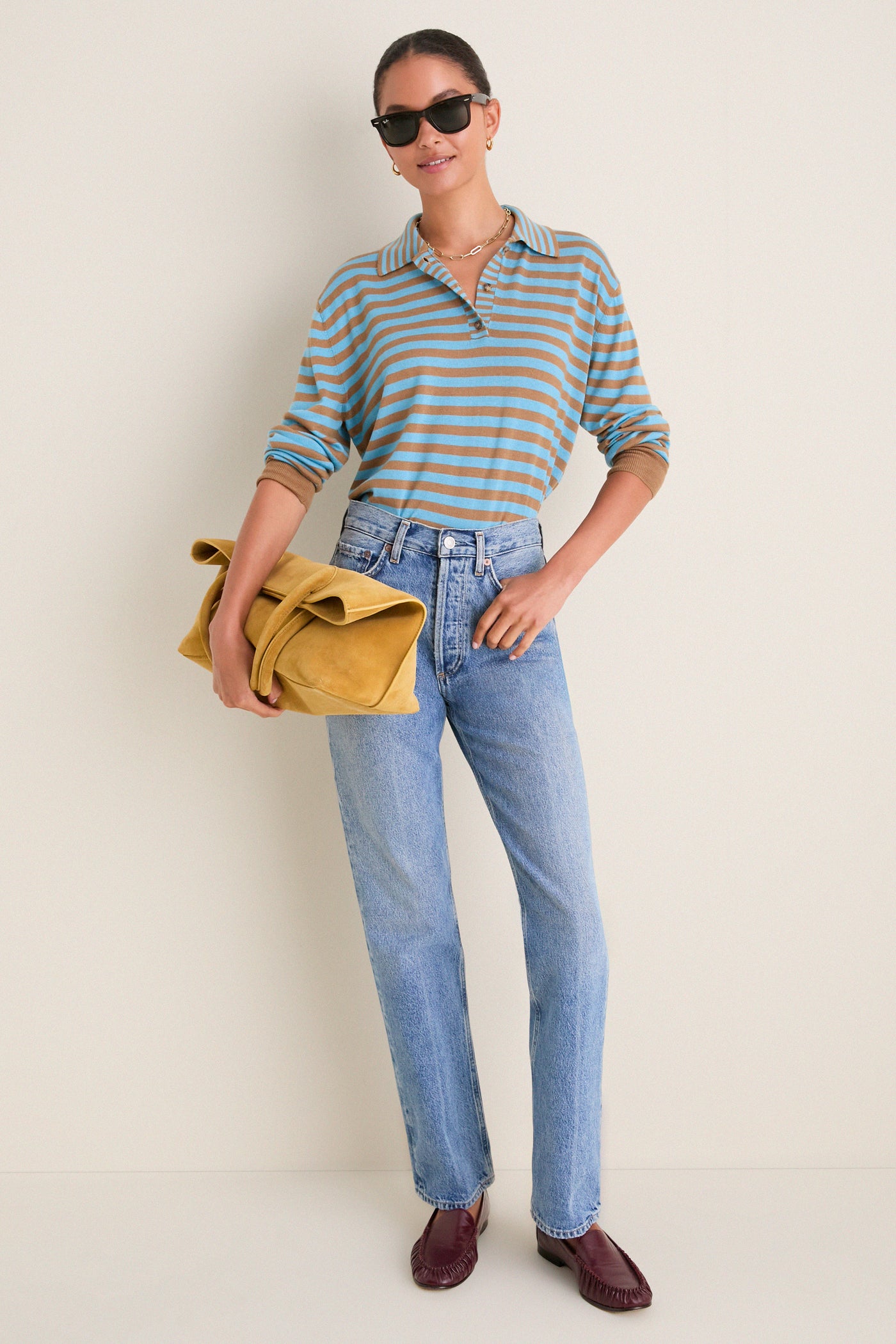 Camel and Cerulean Striped Ben Polo Sweater