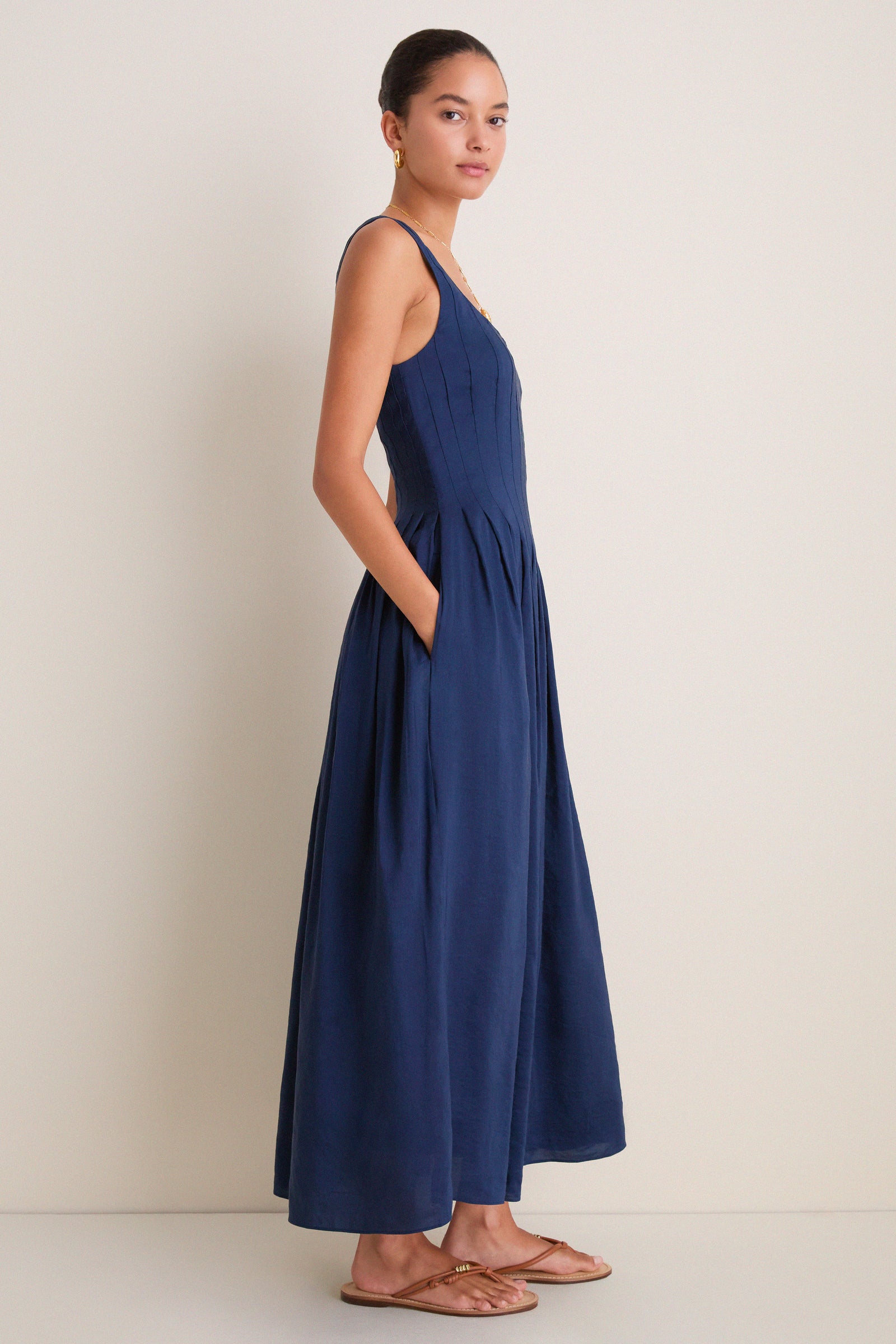 Midnight Pleated Bodice Midi Dress