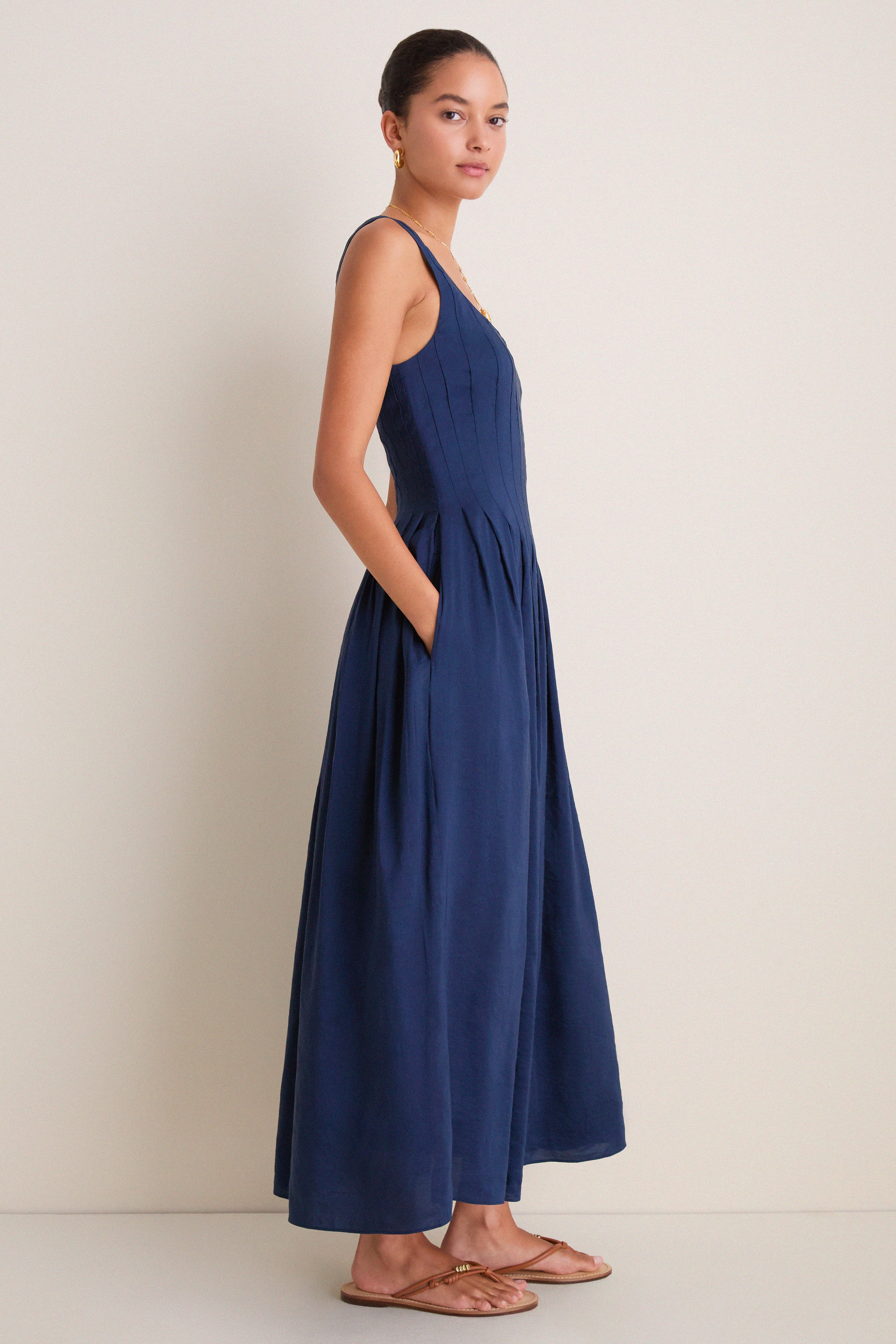 Midnight Pleated Bodice Midi Dress