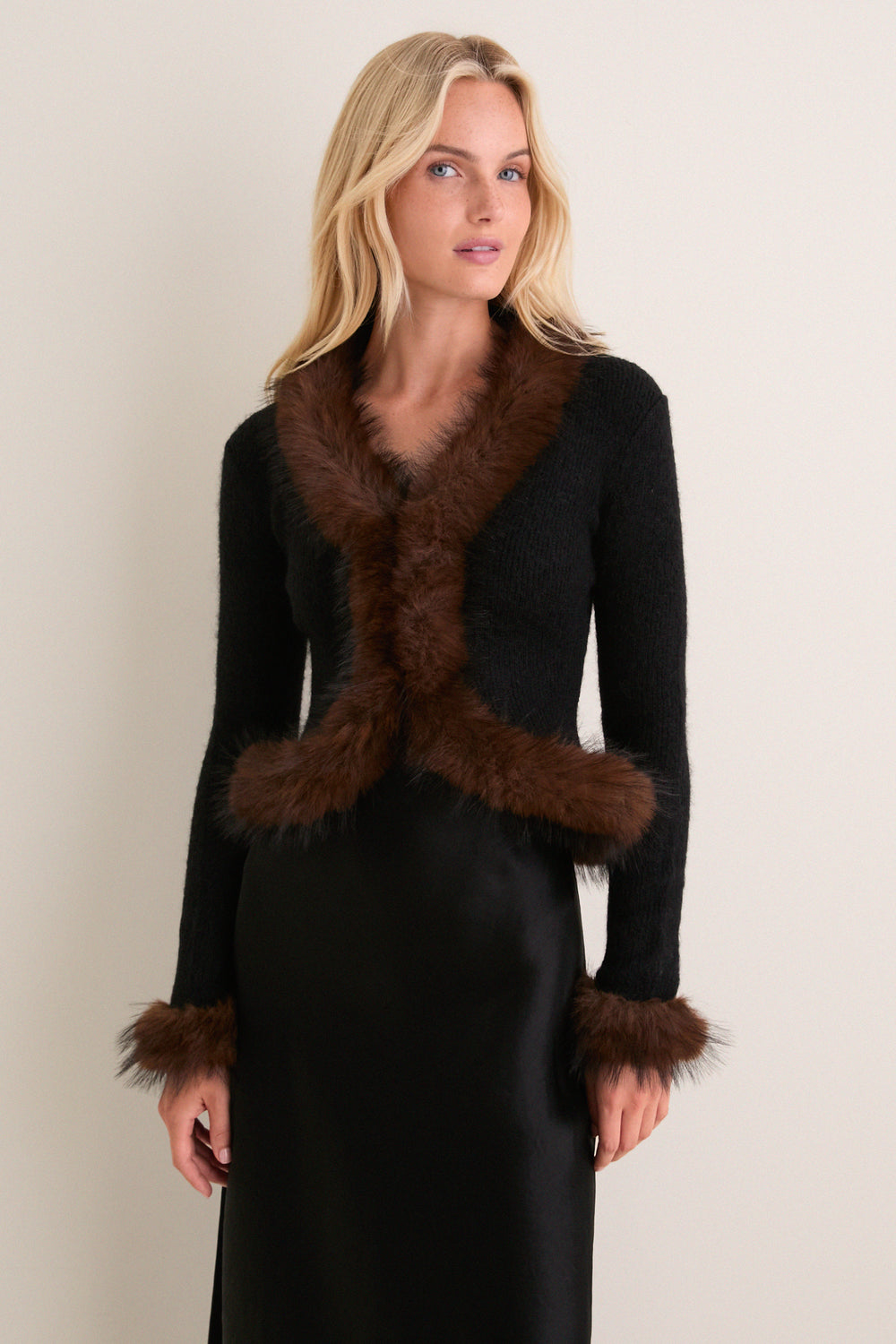 Black Faux Fur Knit Cardigan