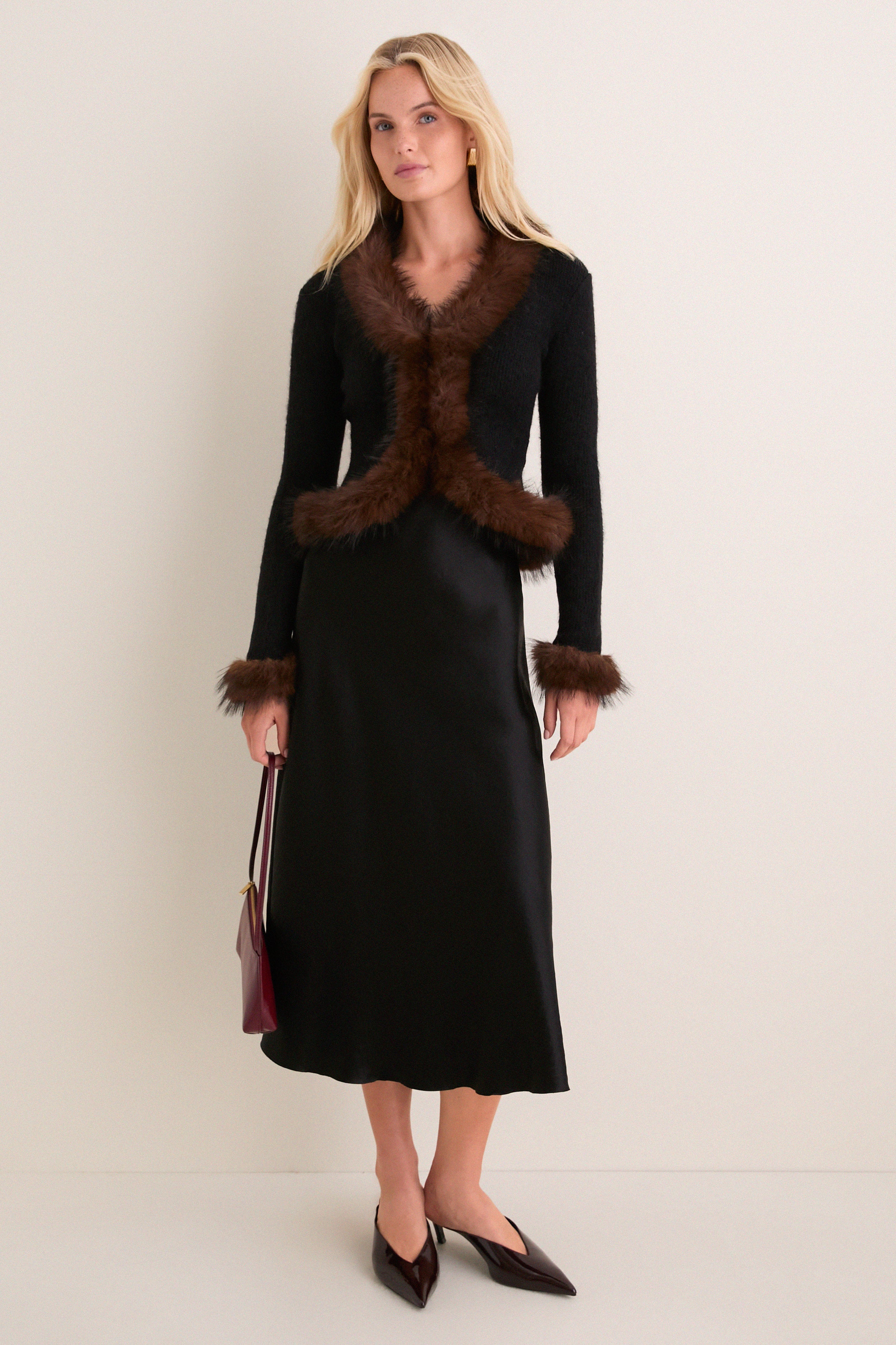 Black Faux Fur Knit Cardigan
