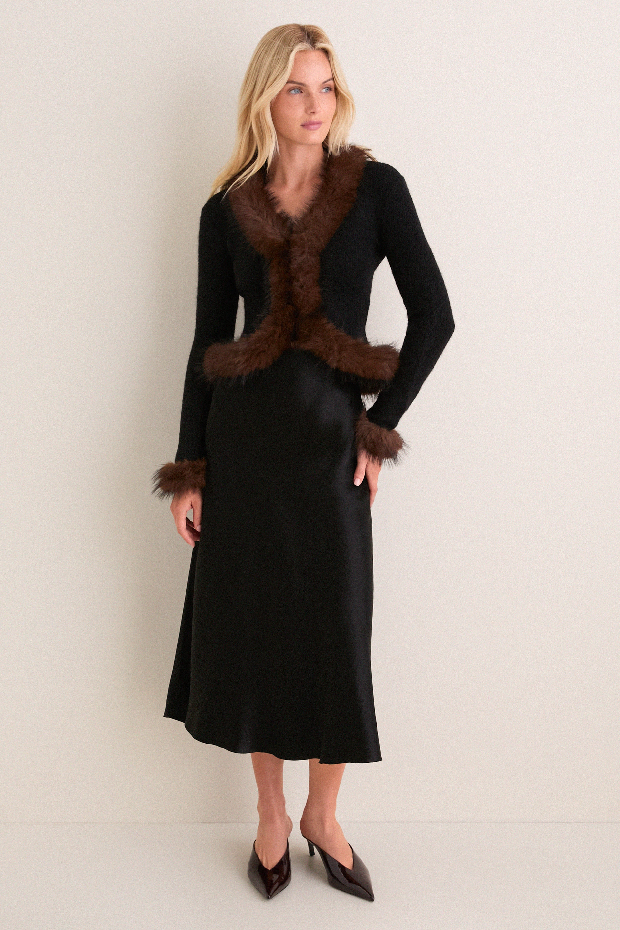 Black Faux Fur Knit Cardigan