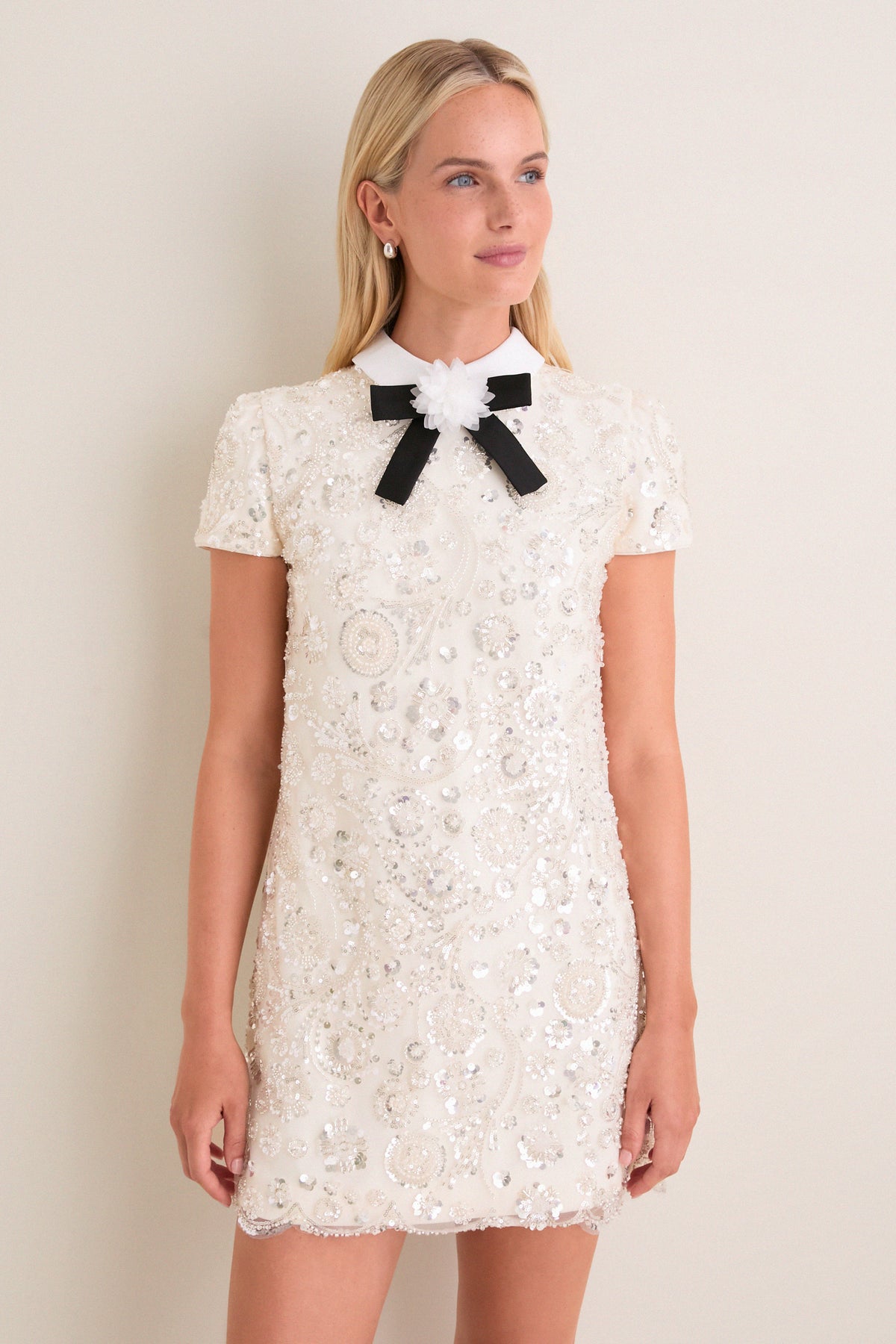 Cream Sequin Embellished Mini Dress