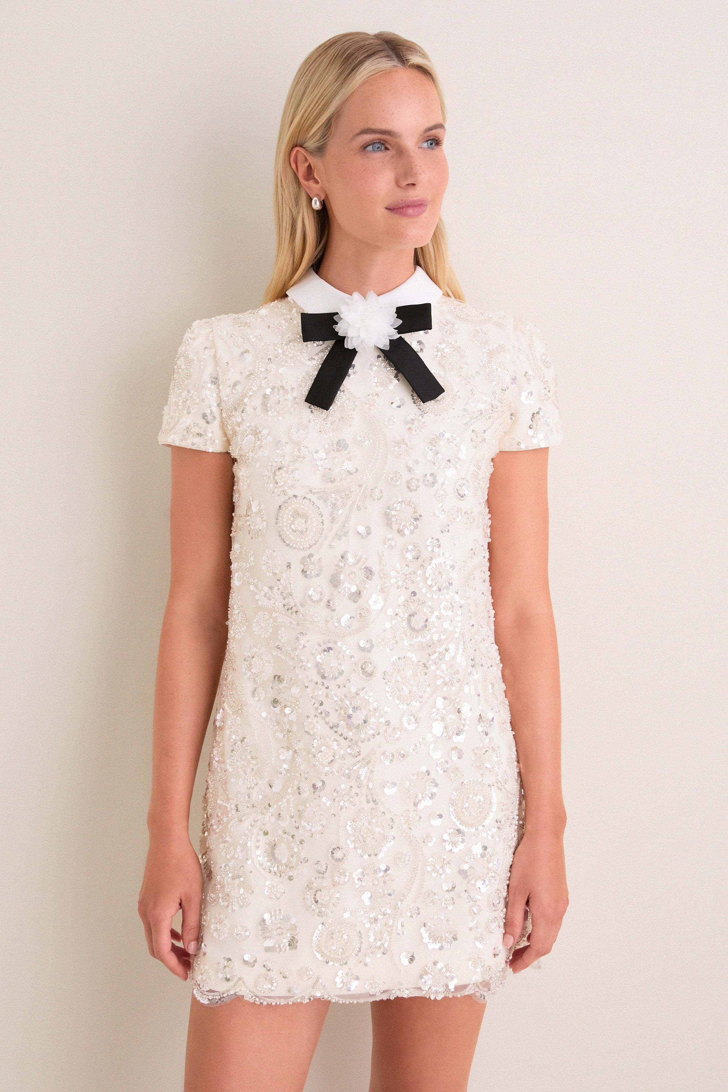Cream Sequin Embellished Mini Dress