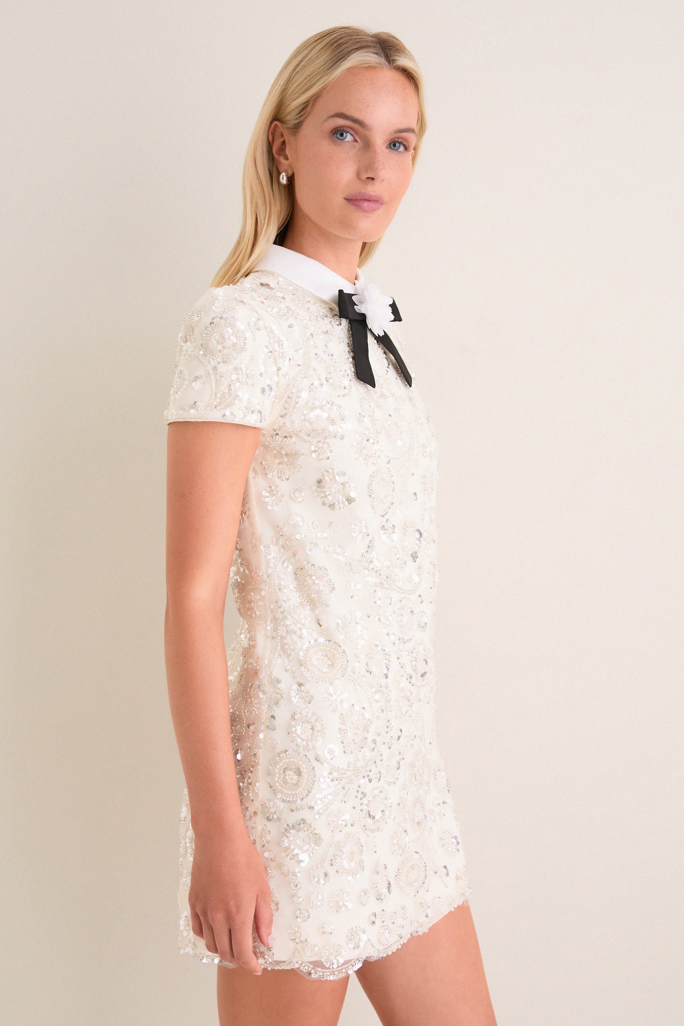 Cream Sequin Embellished Mini Dress