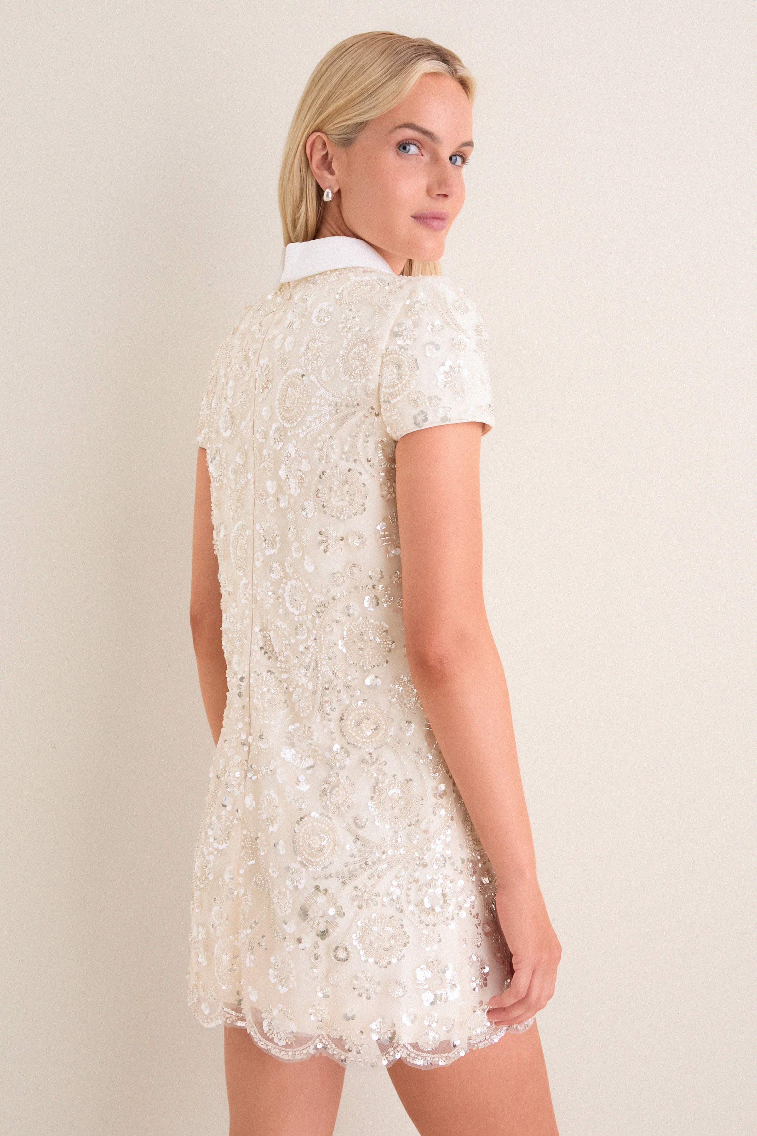 self-portrait - Cream Sequin Embellished Mini Dress