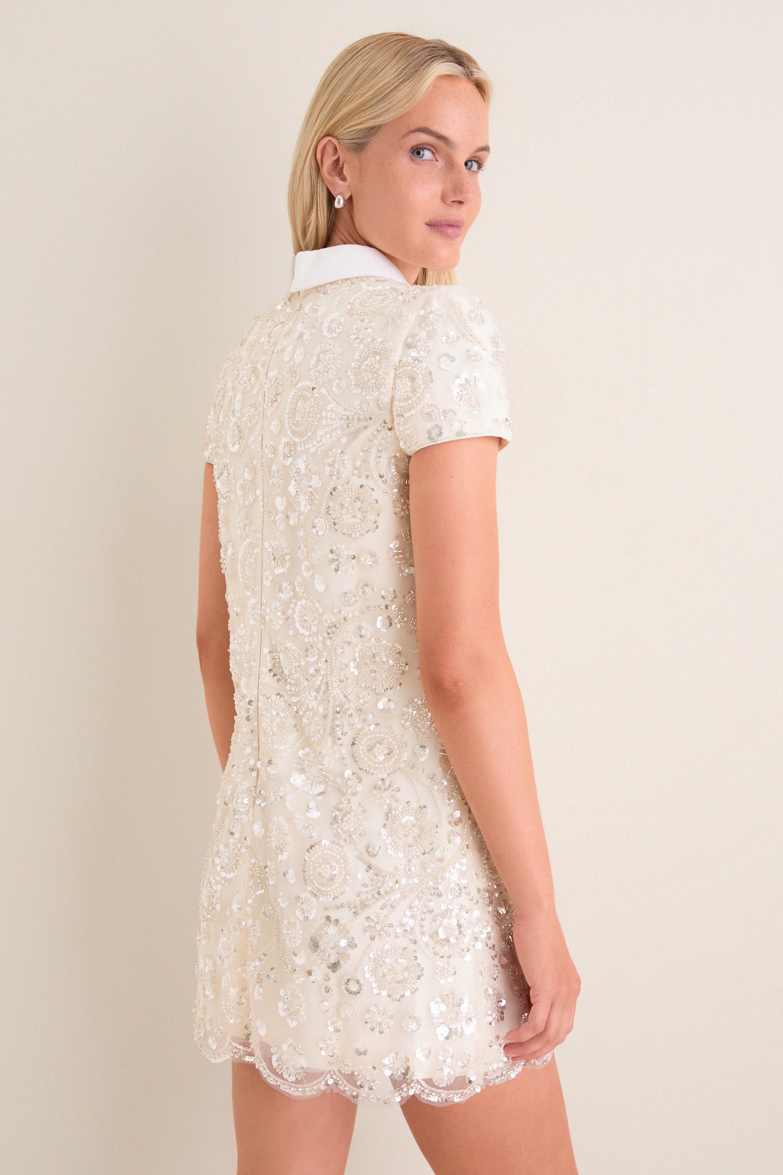 Cream Sequin Embellished Mini Dress