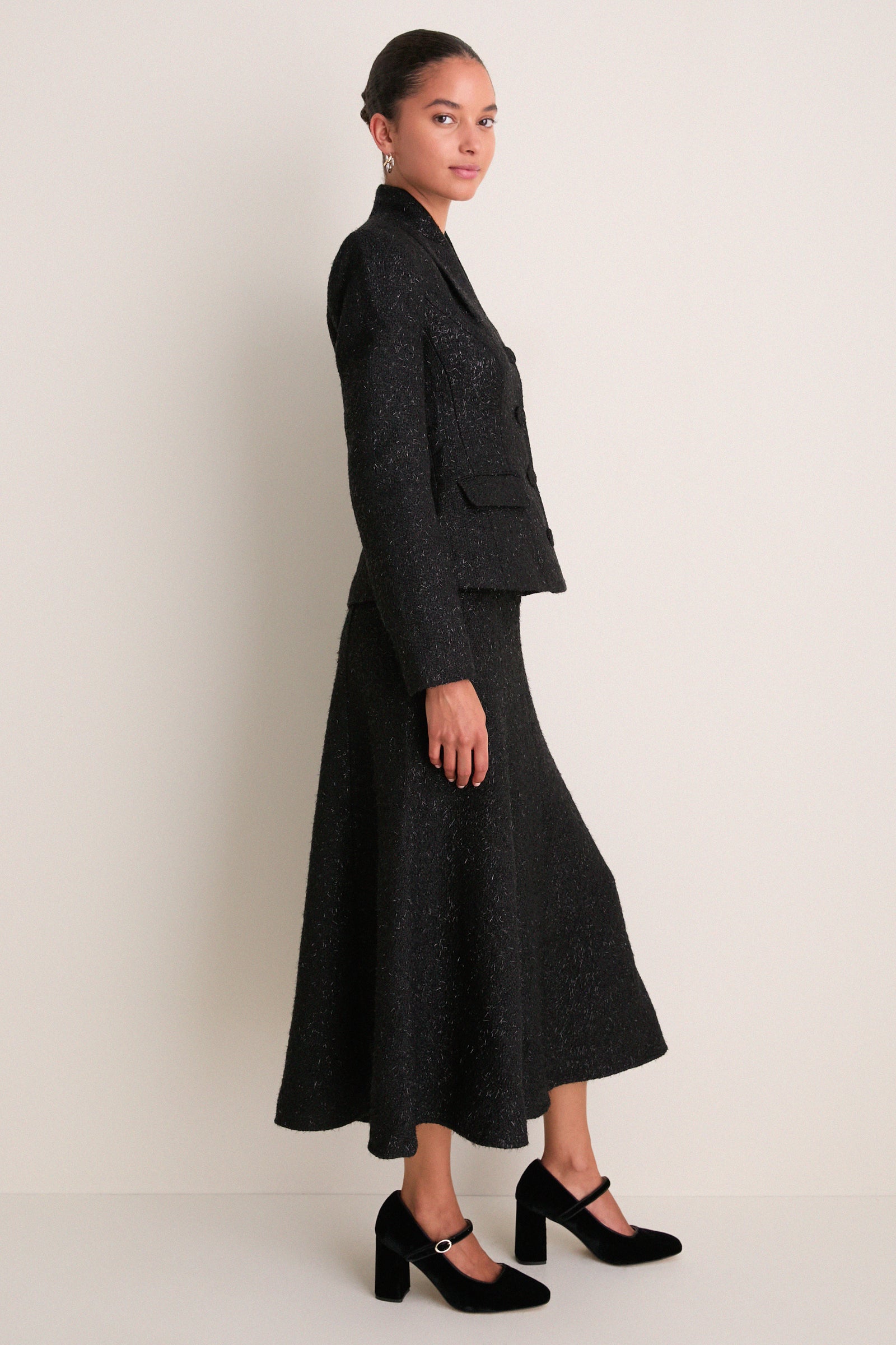 Black Metallic Boucle Midi Dress