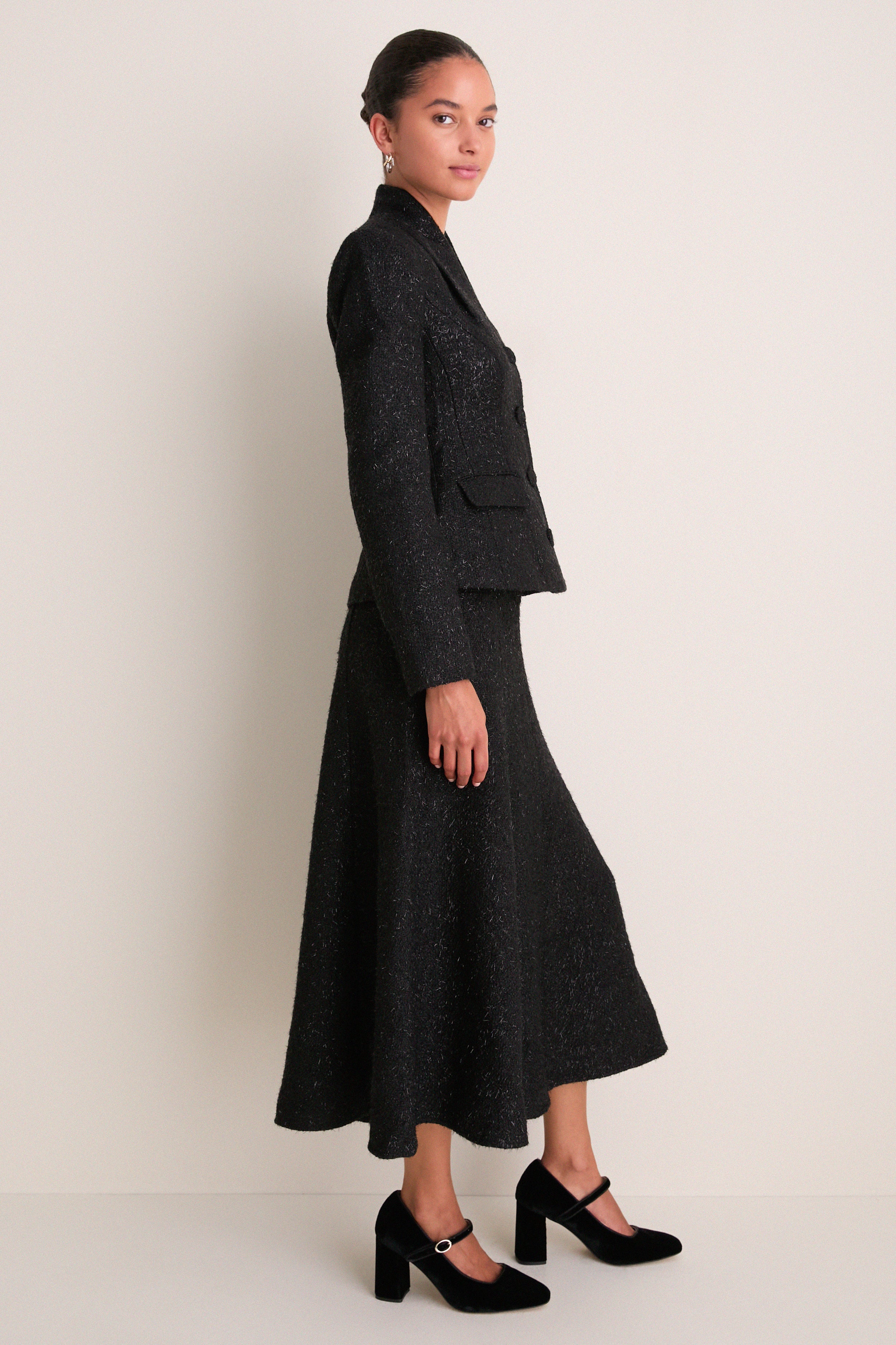 Black Metallic Boucle Midi Dress