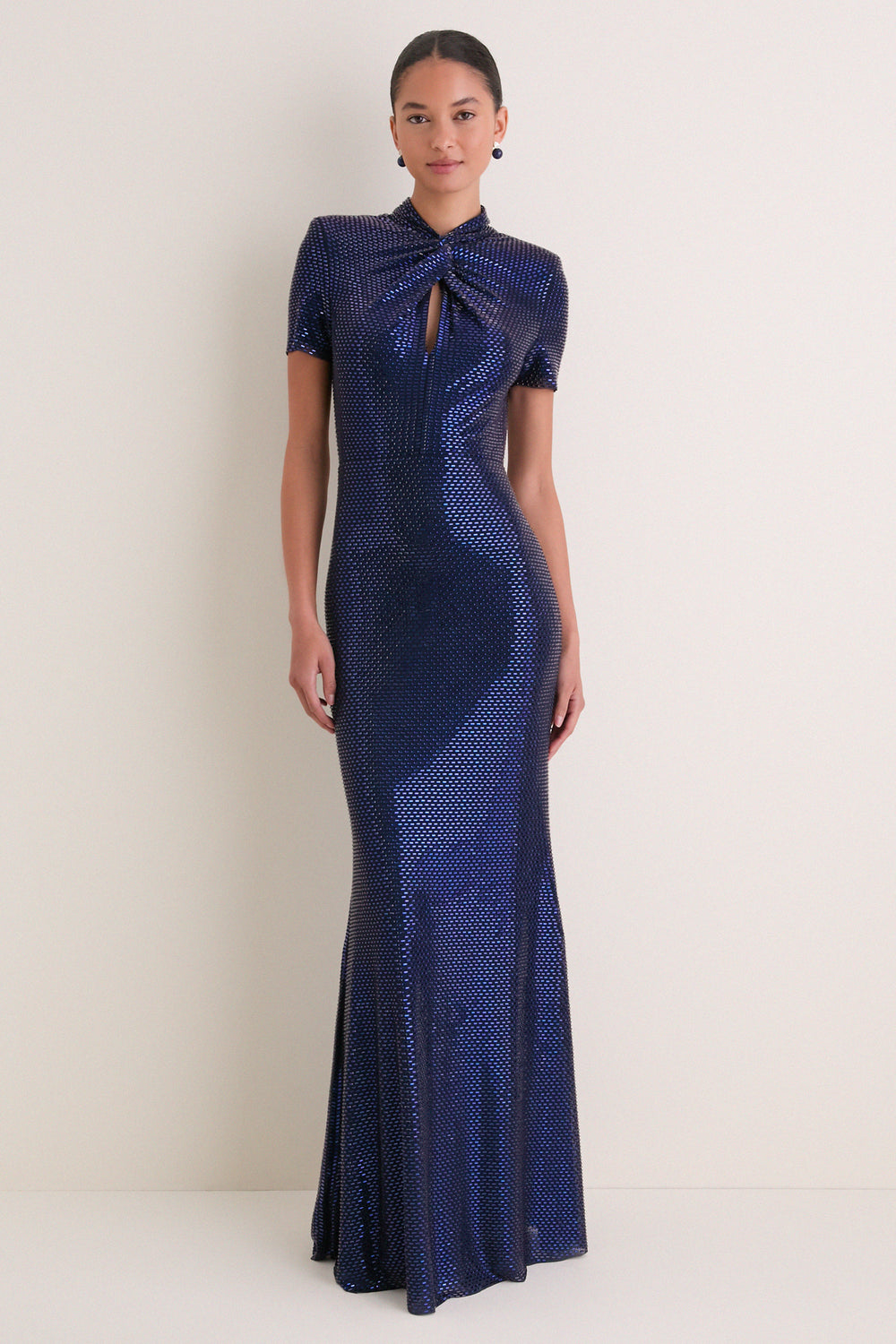 Navy Rhinestone Mesh Twist Maxi Dress