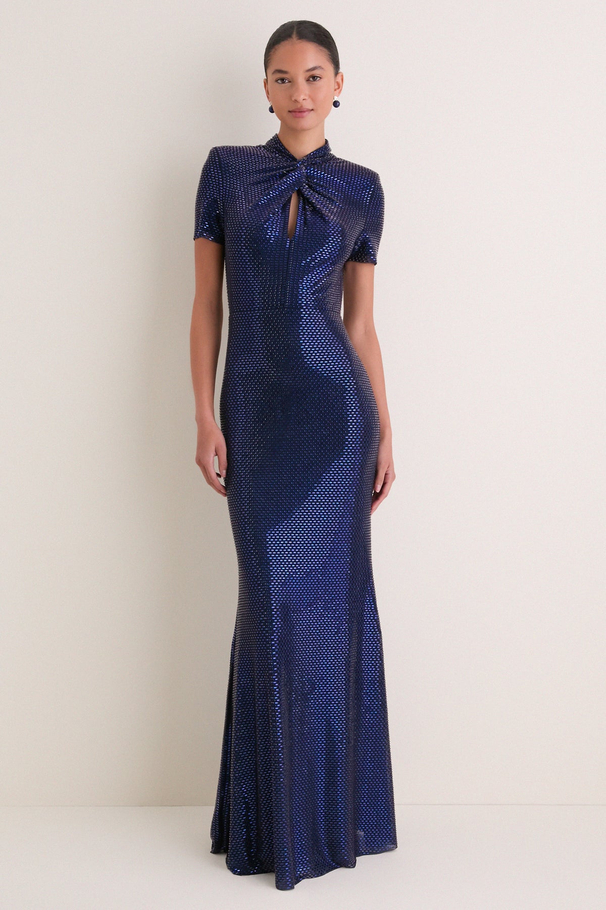 Navy Rhinestone Mesh Twist Maxi Dress