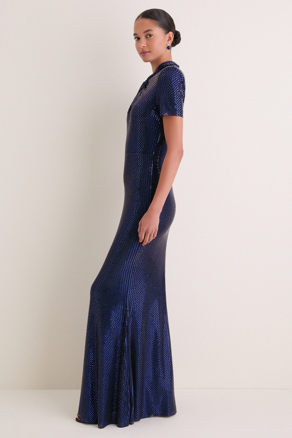 Navy Rhinestone Mesh Twist Maxi Dress