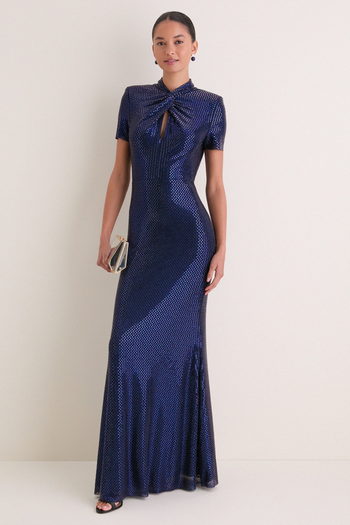 Navy Rhinestone Mesh Twist Maxi Dress