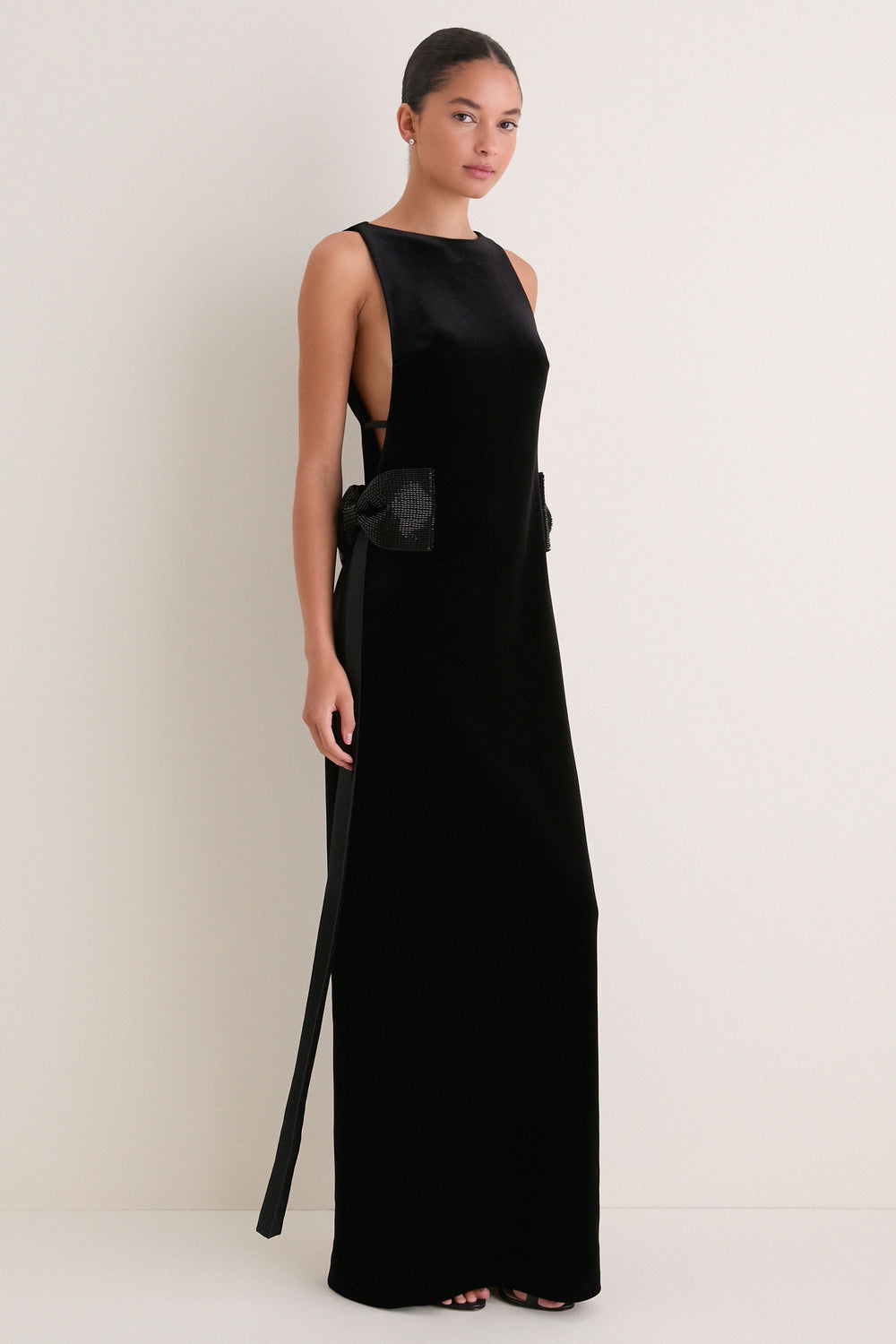 Black Velvet Bow Sides Maxi Dress