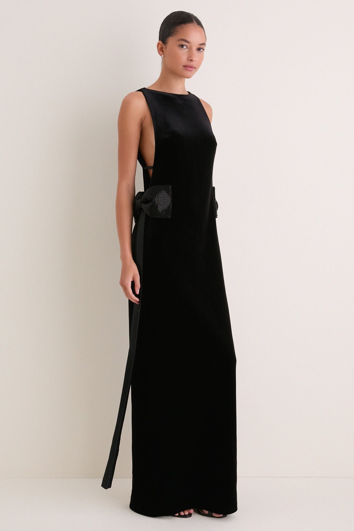 Black Velvet Bow Sides Maxi Dress